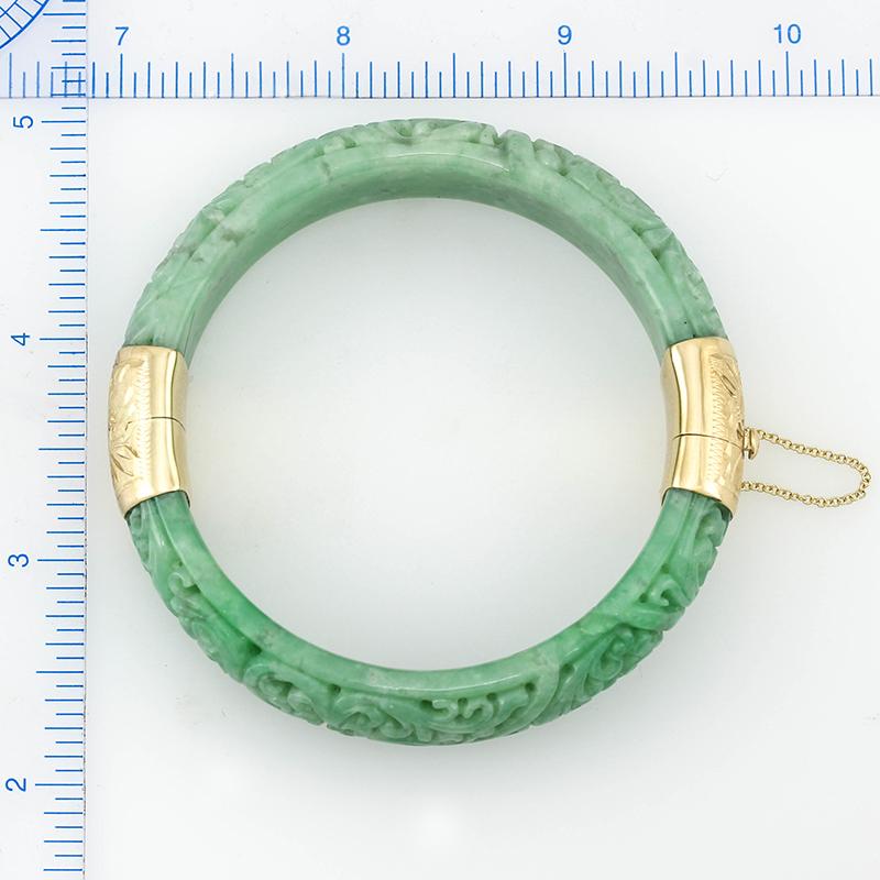 Certified Natural Green Jadeite Jade Hinge & Clasp Carved Bangle Bracelet In New Condition In Littleton, CO