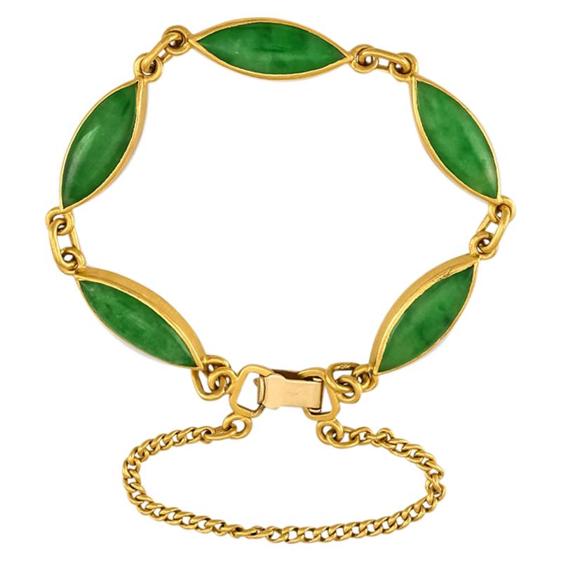 Certified Natural Green Jadeite Jade Marquise Estate Bracelet For Sale