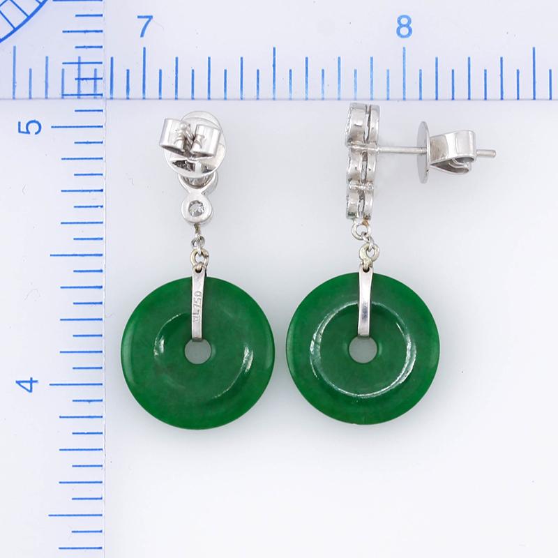 Cabochon Certified Natural Green Jadeite Jade Pi Disc & Diamond Designer Drop Earrings