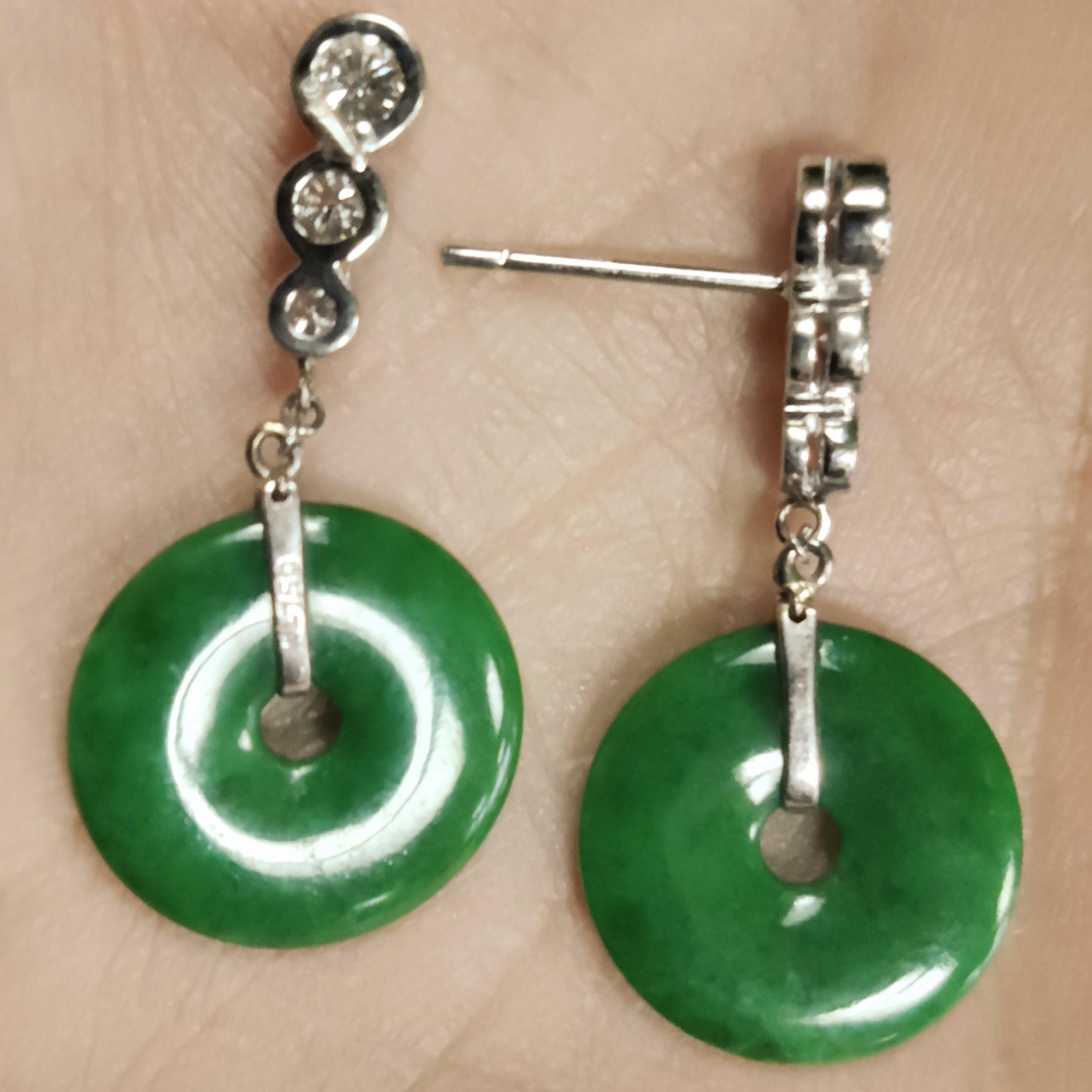 Certified Natural Green Jadeite Jade Pi Disc & Diamond Designer Drop Earrings In New Condition In Littleton, CO
