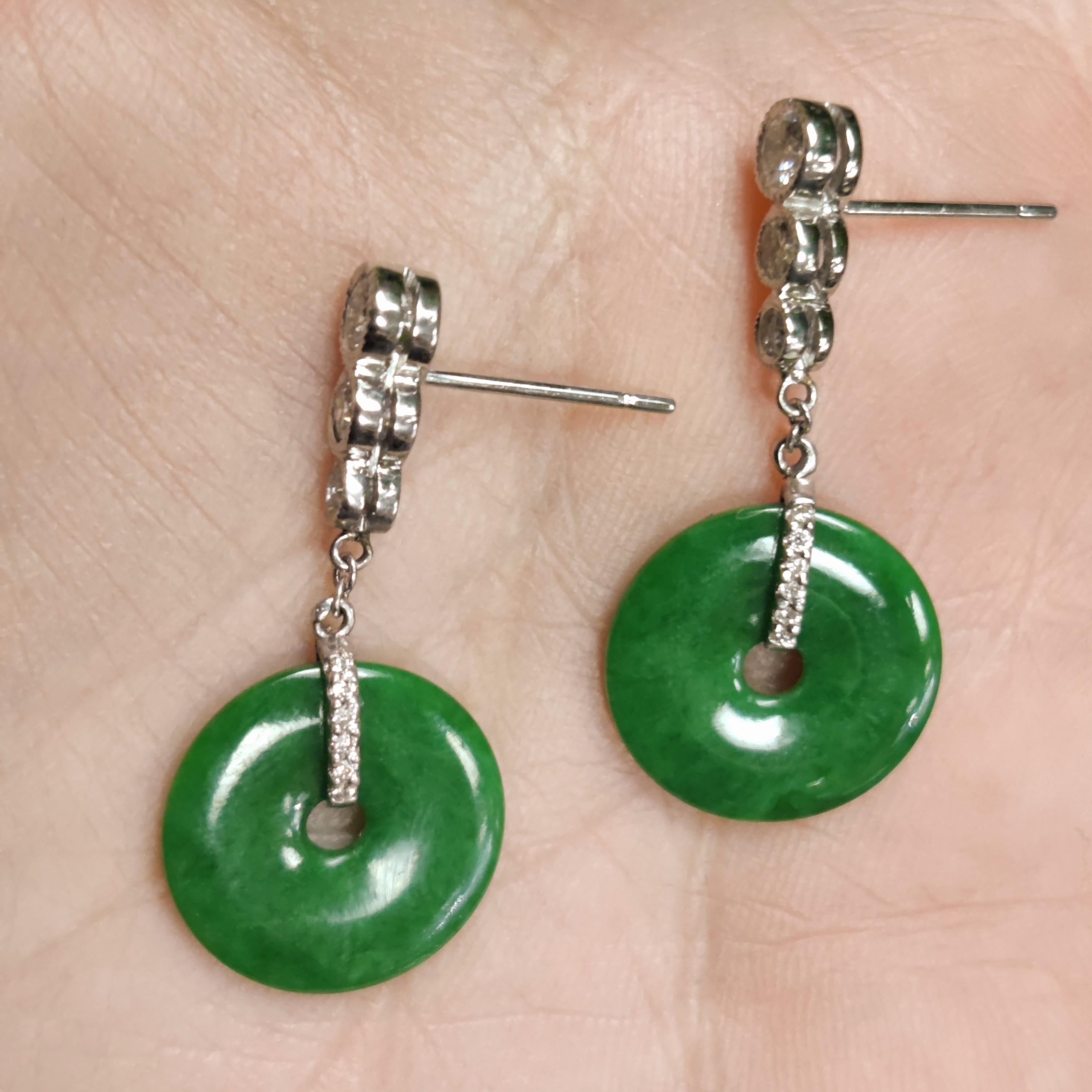 Women's Certified Natural Green Jadeite Jade Pi Disc & Diamond Designer Drop Earrings