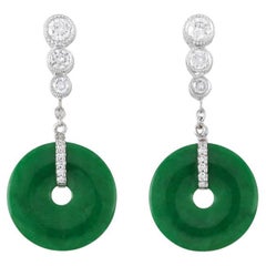 Certified Natural Green Jadeite Jade Pi Disc & Diamond Designer Drop Earrings