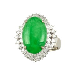 Certified Natural Green Jadeite Oval Cabochon & Diamond Estate Ring