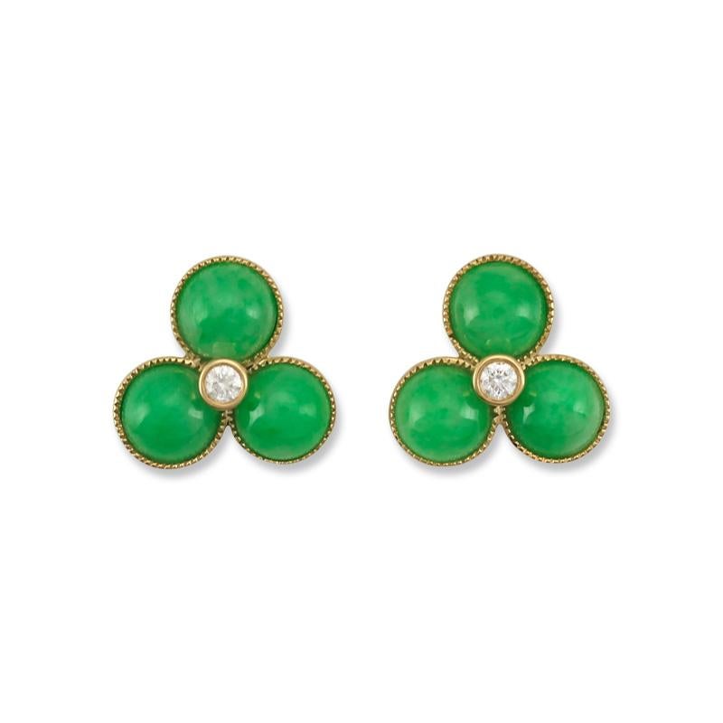 These One-of-a-kind Mason-Kay Stud Earrings are truly gorgeous! Each earrings features three certified natural vivid apple green jadeite jade 7mm cabs all set in beautiful 18K yellow gold milgrain style bezels with a round diamond center. The