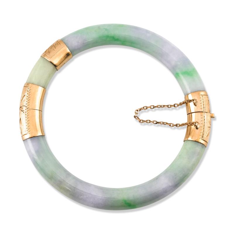 Cabochon Certified Natural Green & Lavender Jadeite Jade Hinge & Clasp Bangle Braclelet