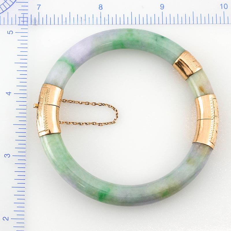 Certified Natural Green & Lavender Jadeite Jade Hinge & Clasp Bangle Braclelet In Excellent Condition In Littleton, CO