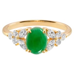 Certified Natural Green Oval Jade and Marquise Diamond Engagement Ring 14K Gold