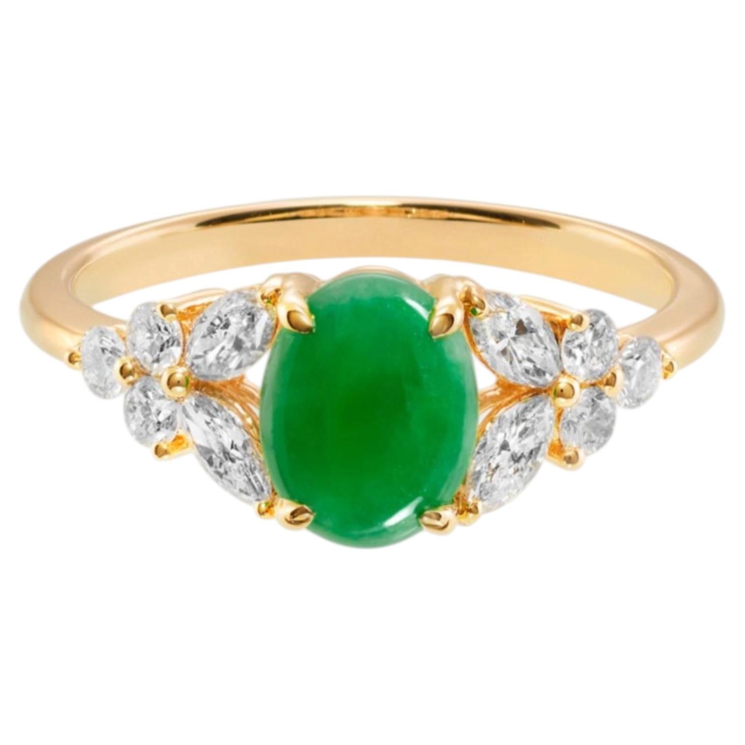 For Sale:  Certified Natural Green Oval Jade and Marquise Diamond Engagement Ring 14K Gold