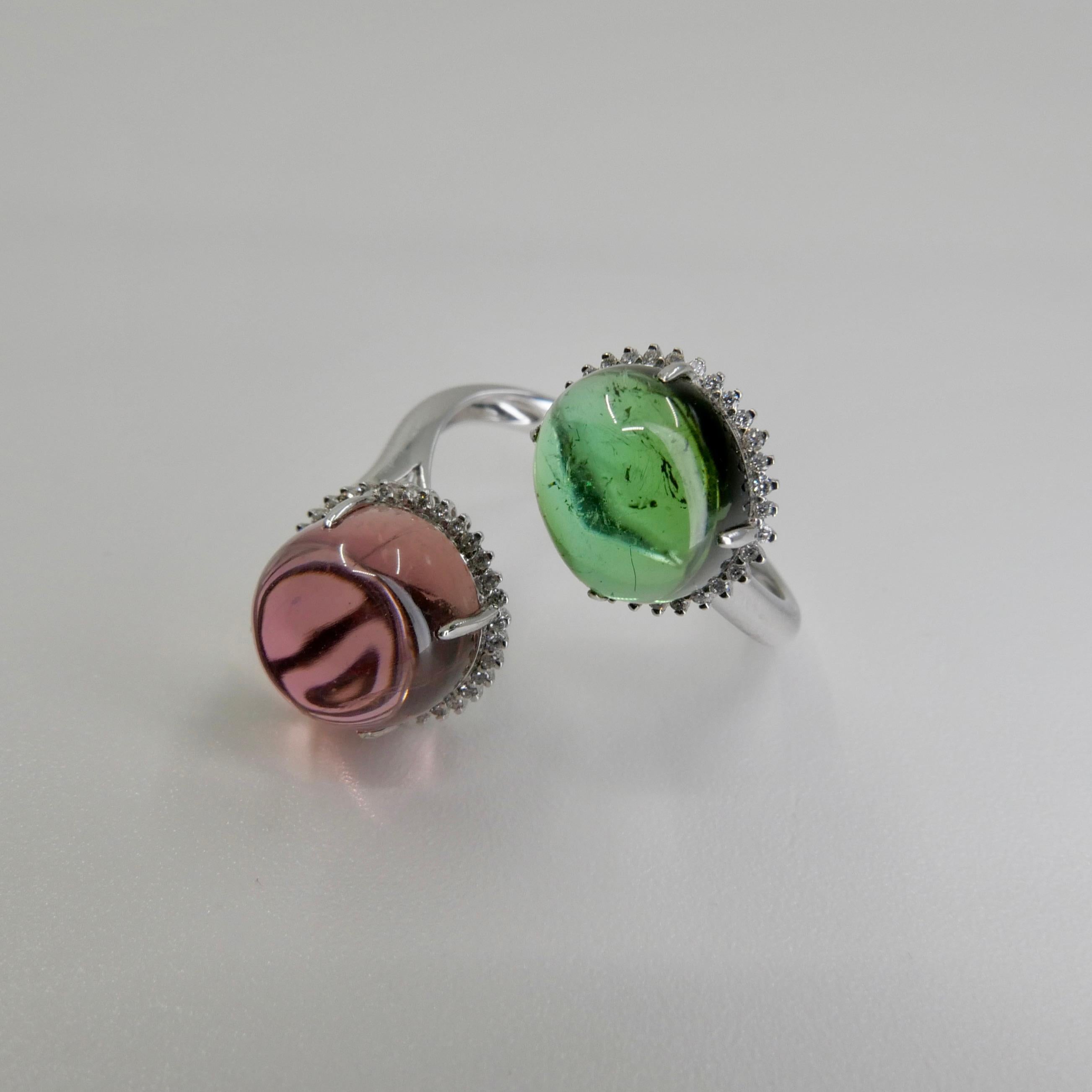 Certified Natural Green & Pink Tourmaline Diamond Bypass Cocktail Ring For Sale 3