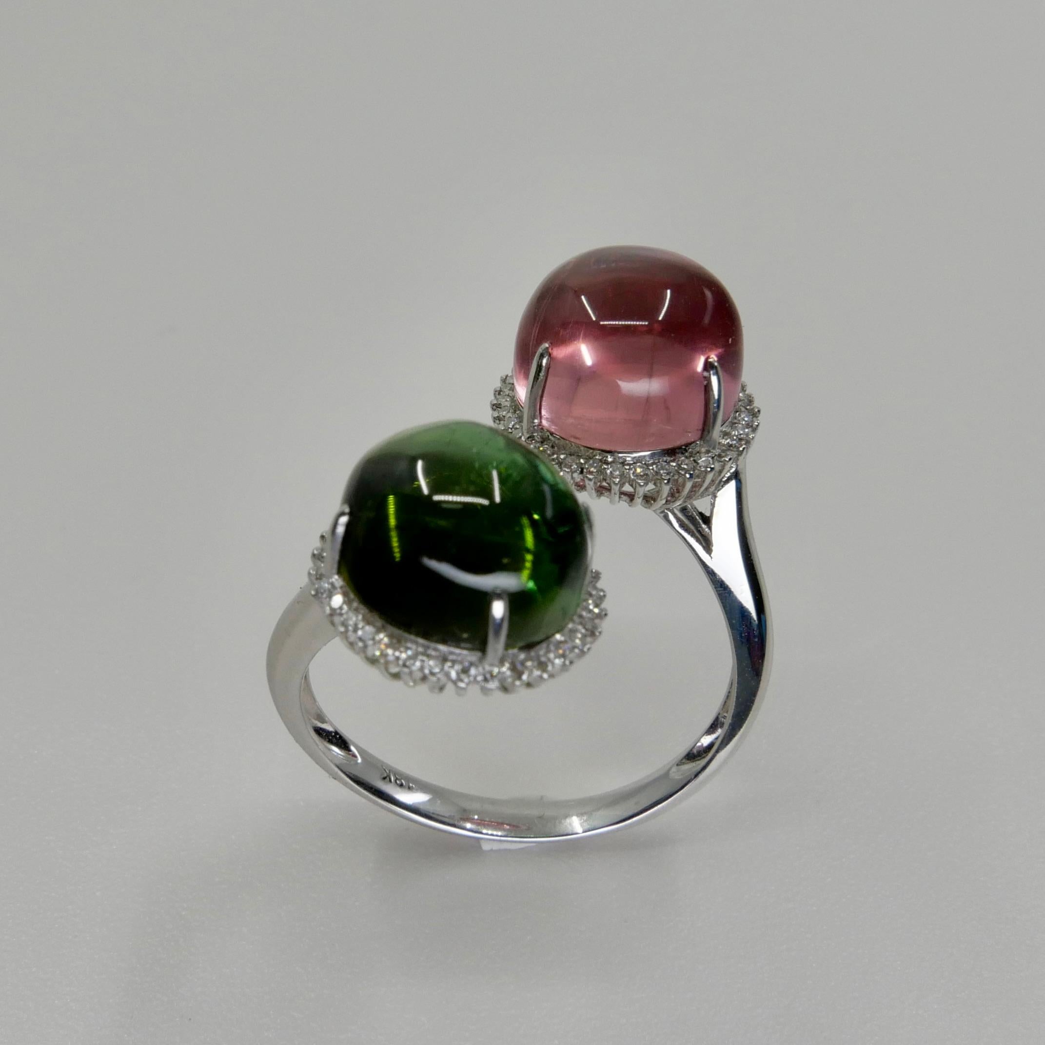 Certified Natural Green & Pink Tourmaline Diamond Bypass Cocktail Ring For Sale 8