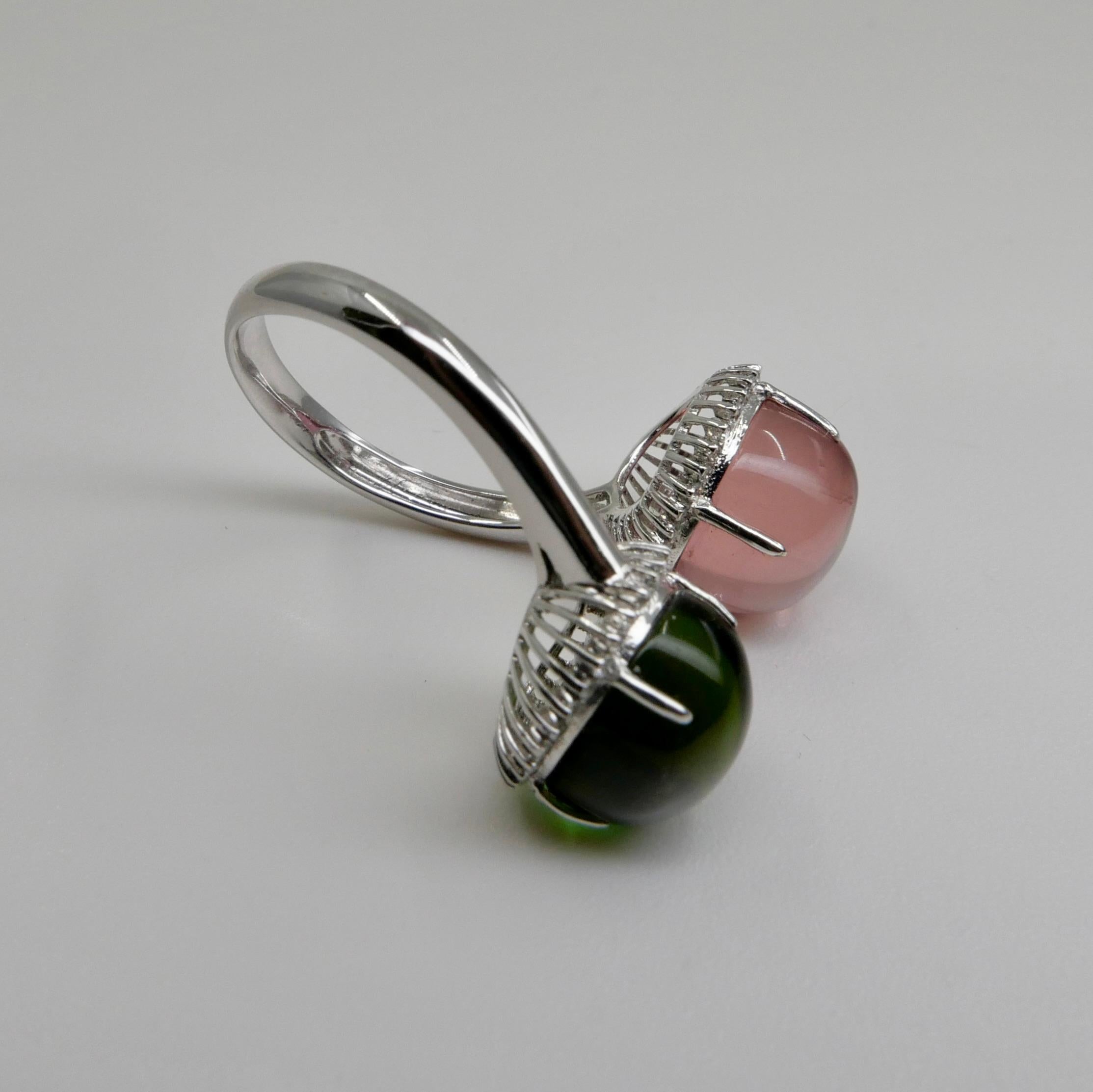 Certified Natural Green & Pink Tourmaline Diamond Bypass Cocktail Ring For Sale 9