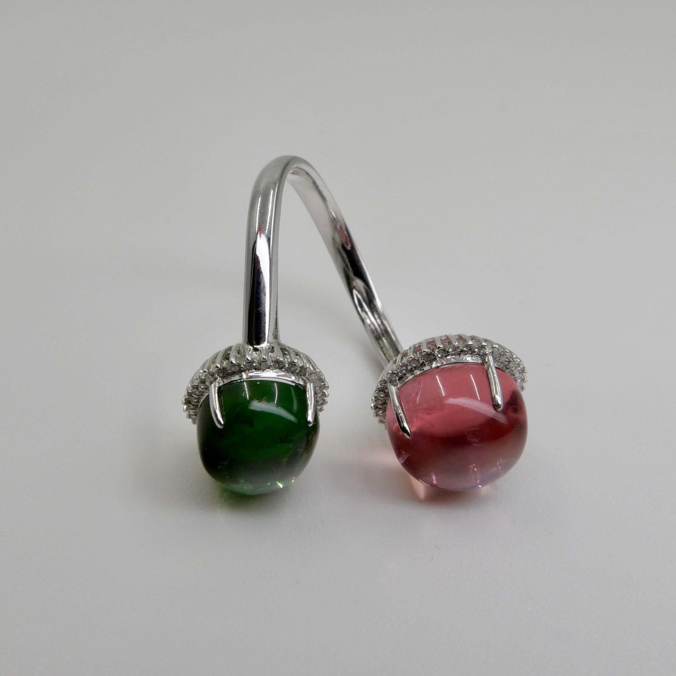 Certified Natural Green & Pink Tourmaline Diamond Bypass Cocktail Ring For Sale 11