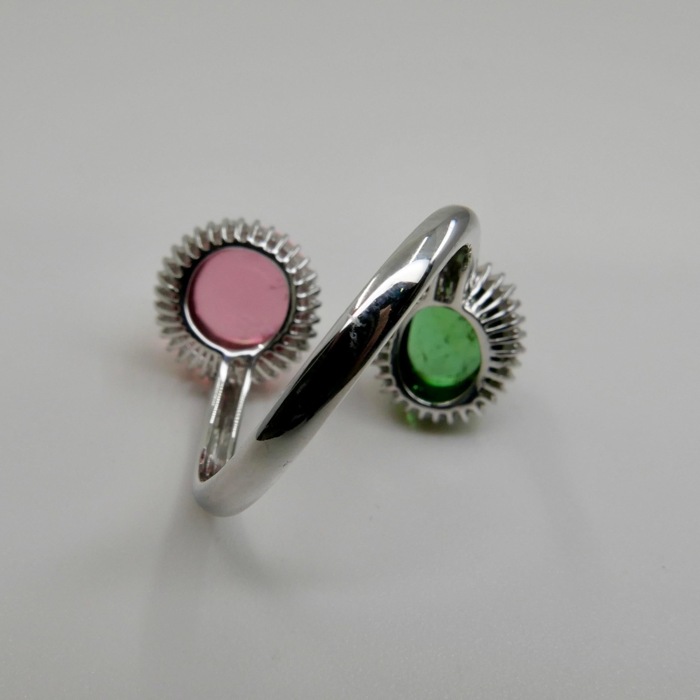 Cabochon Certified Natural Green & Pink Tourmaline Diamond Bypass Cocktail Ring For Sale