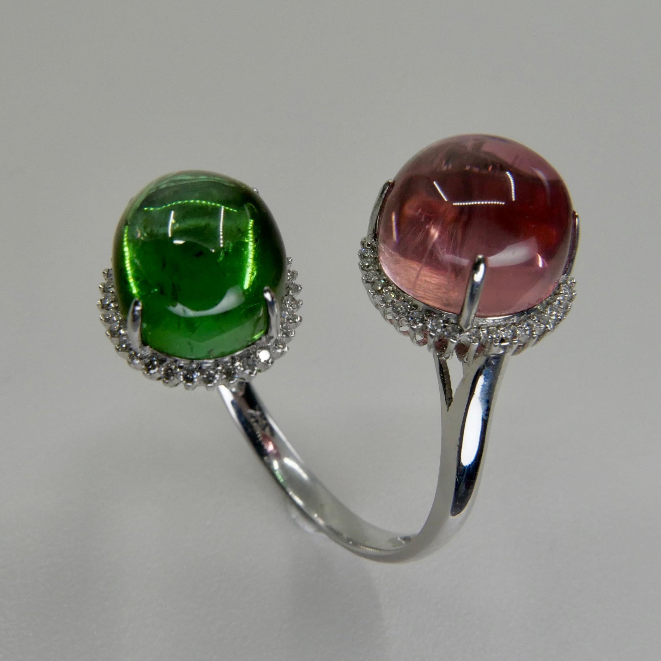 Certified Natural Green & Pink Tourmaline Diamond Bypass Cocktail Ring In New Condition For Sale In Hong Kong, HK