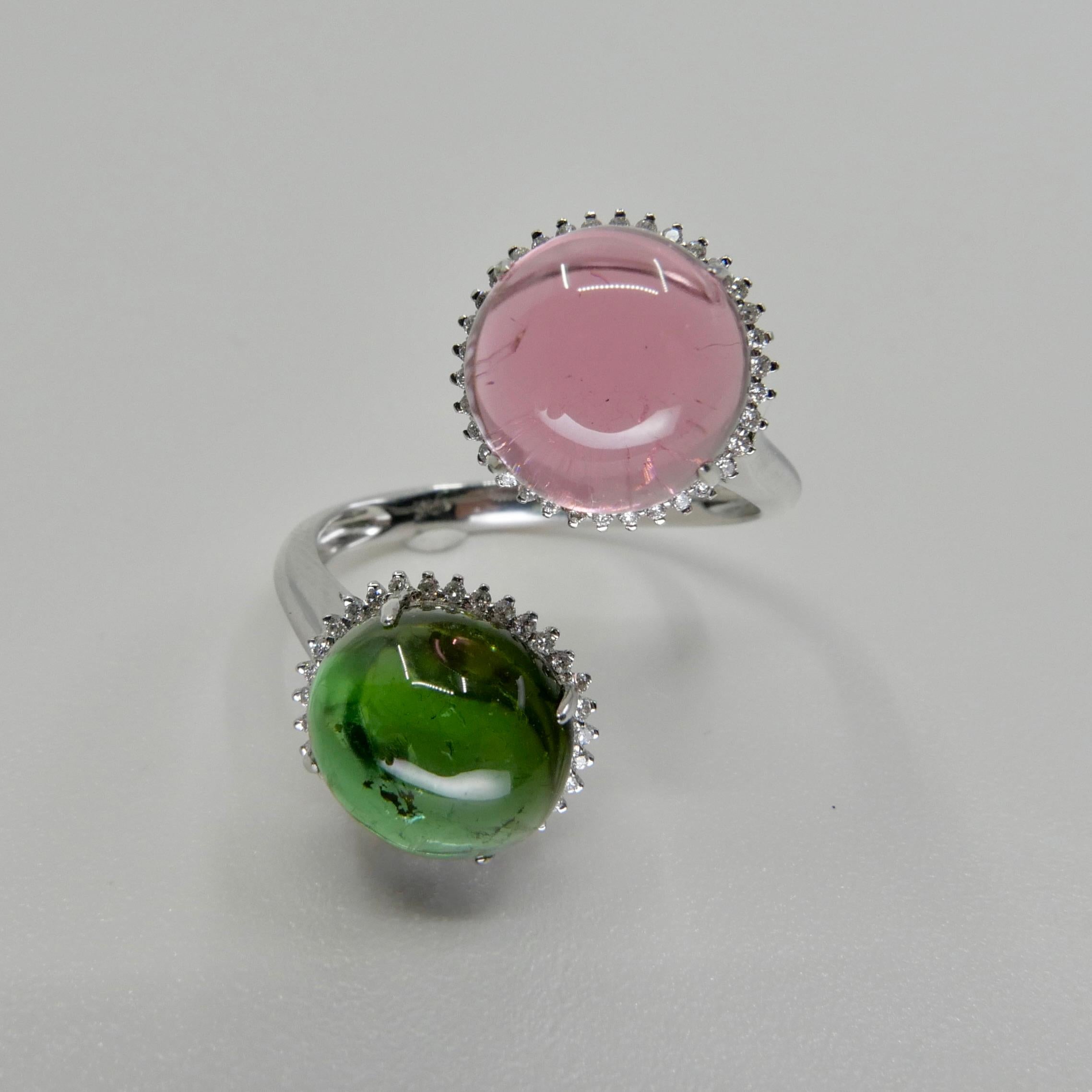 Certified Natural Green & Pink Tourmaline Diamond Bypass Cocktail Ring For Sale 1