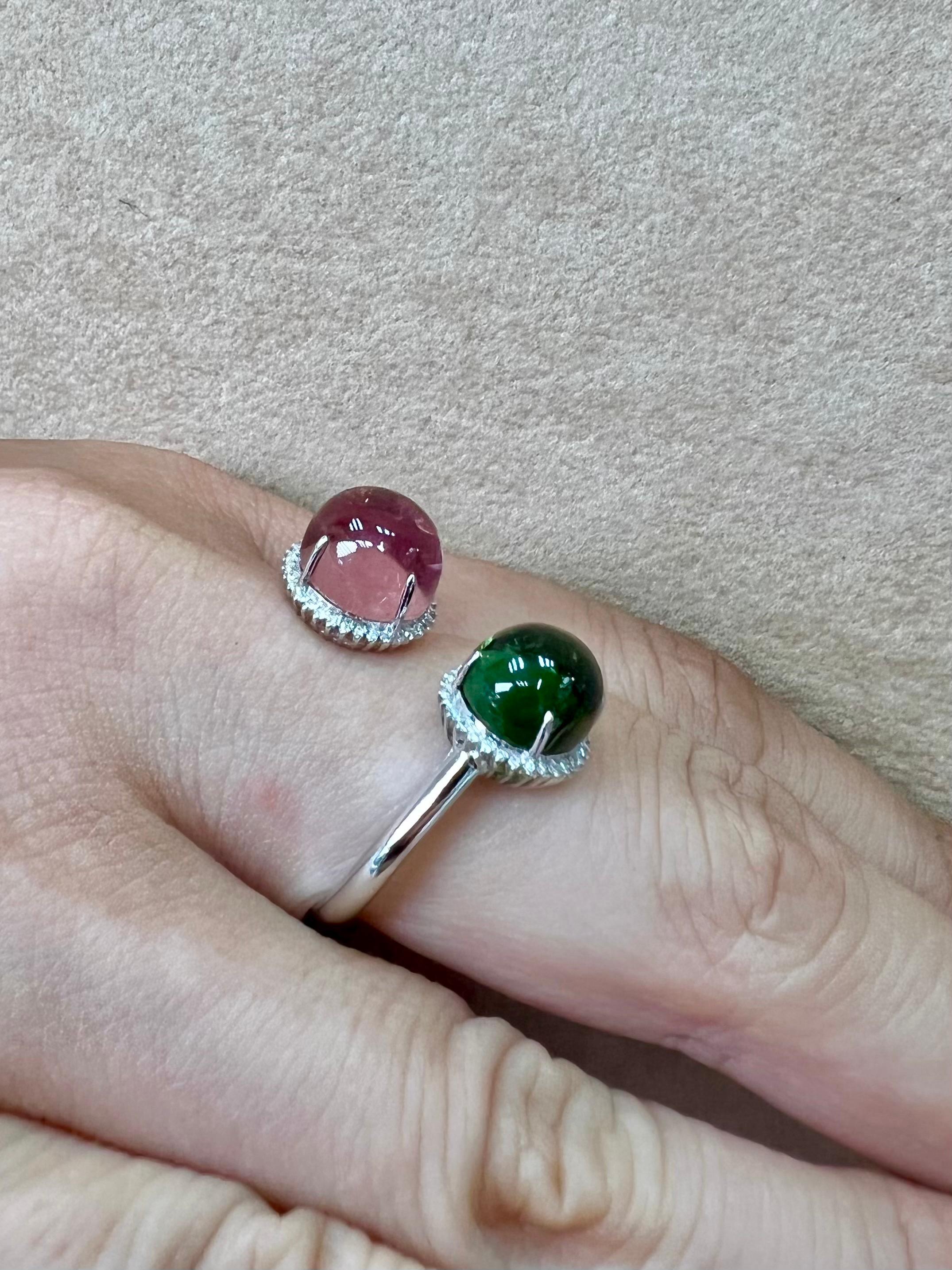 Certified Natural Green & Pink Tourmaline Diamond Bypass Cocktail Ring For Sale 2