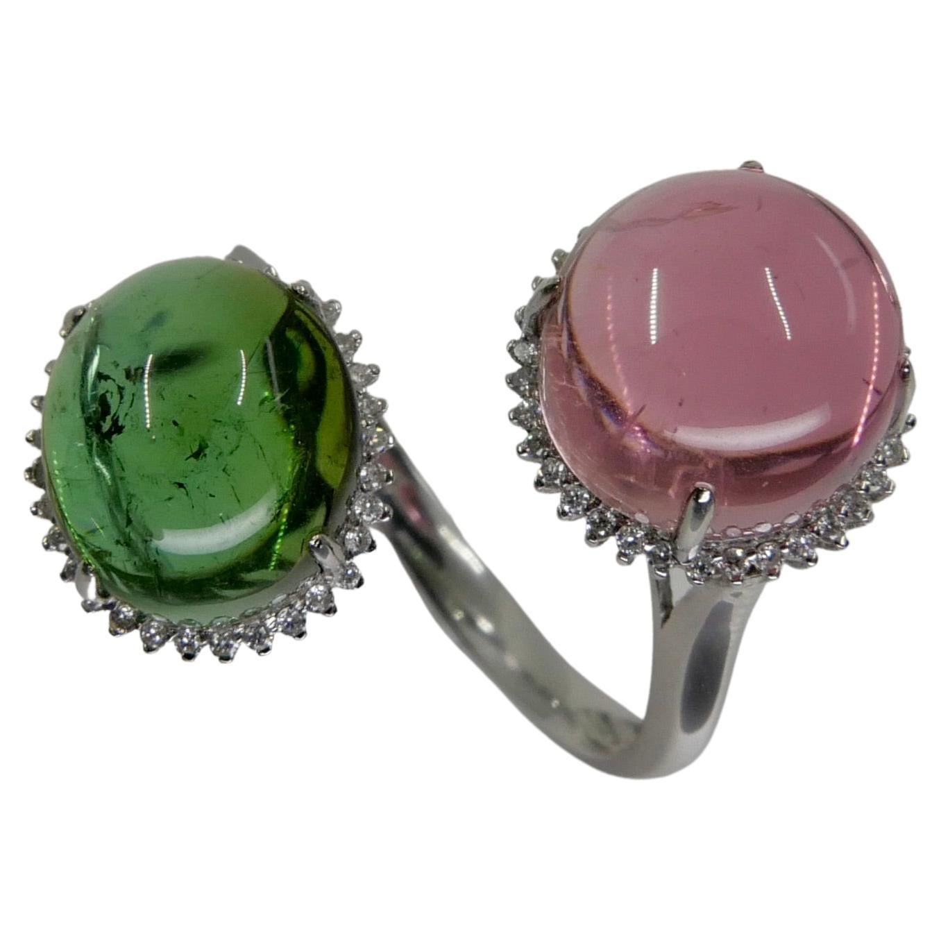 Certified Natural Green & Pink Tourmaline Diamond Bypass Cocktail Ring For Sale