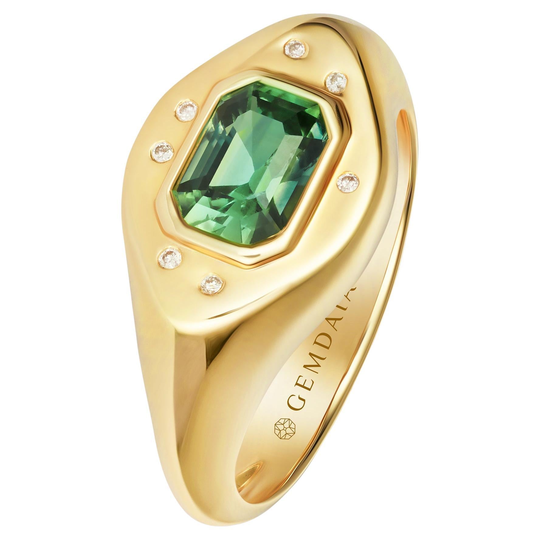 Certified Natural Green Sapphire Signet Ring  For Sale