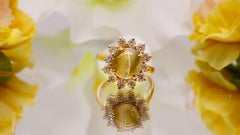 Certified Natural Honey Cats Eye Ring with Diamond & 18 Karat Gold