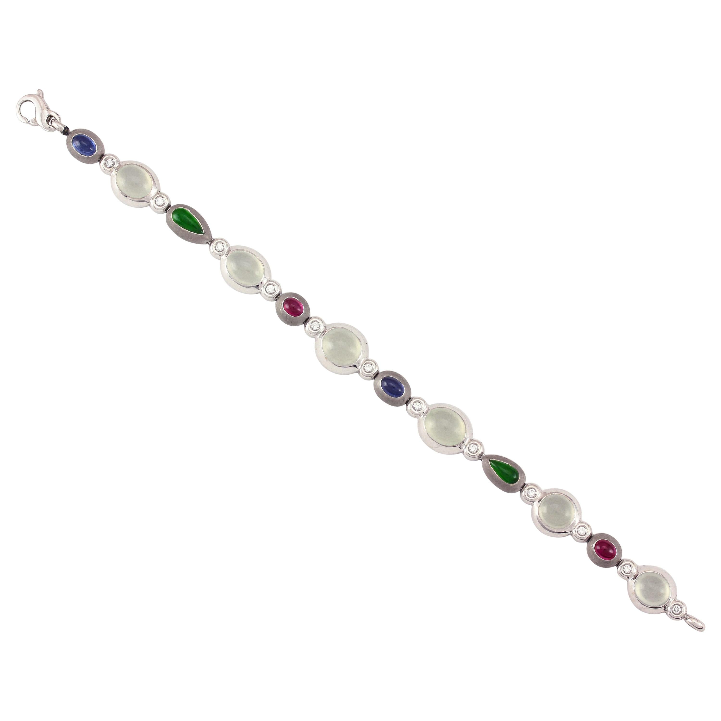 Certified Natural Ice Jade, Green Jade, Ruby, Sapphire and Diamond Bracelet For Sale