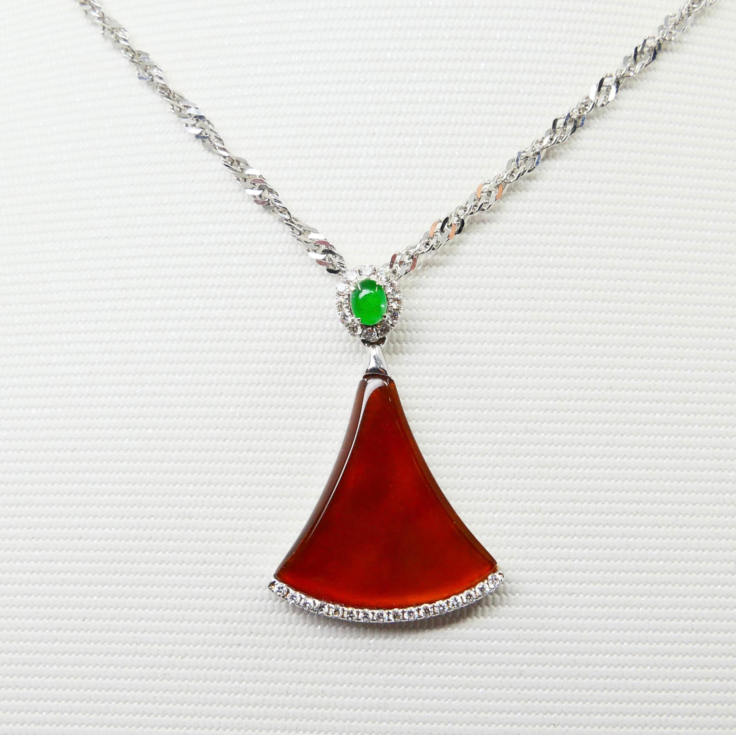 Rough Cut Certified Natural Icy Apple Green, Icy Red Jade & Diamond Pendant Drop Necklace