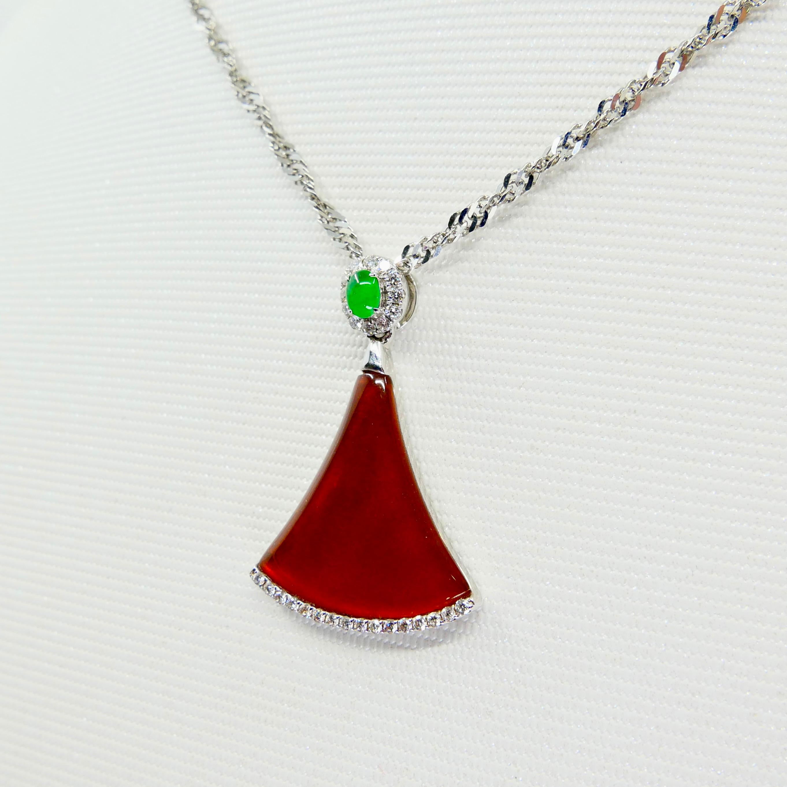 Women's Certified Natural Icy Apple Green, Icy Red Jade & Diamond Pendant Drop Necklace