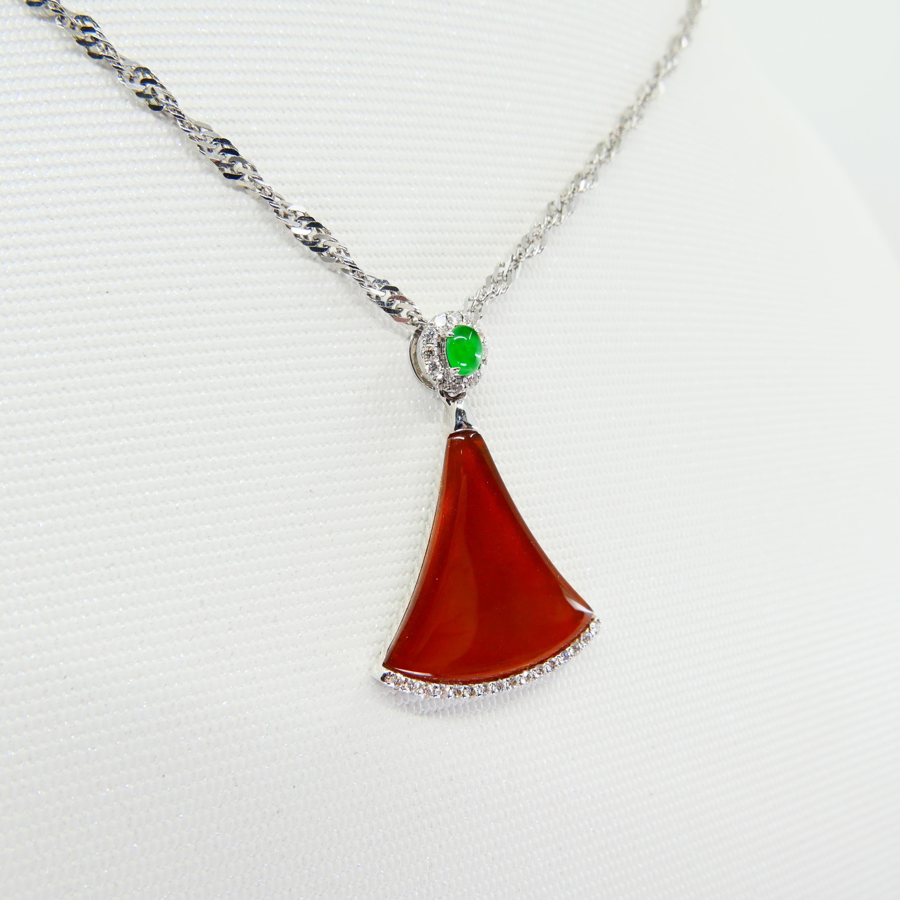 Certified Natural Icy Apple Green, Icy Red Jade & Diamond Pendant Drop Necklace 1