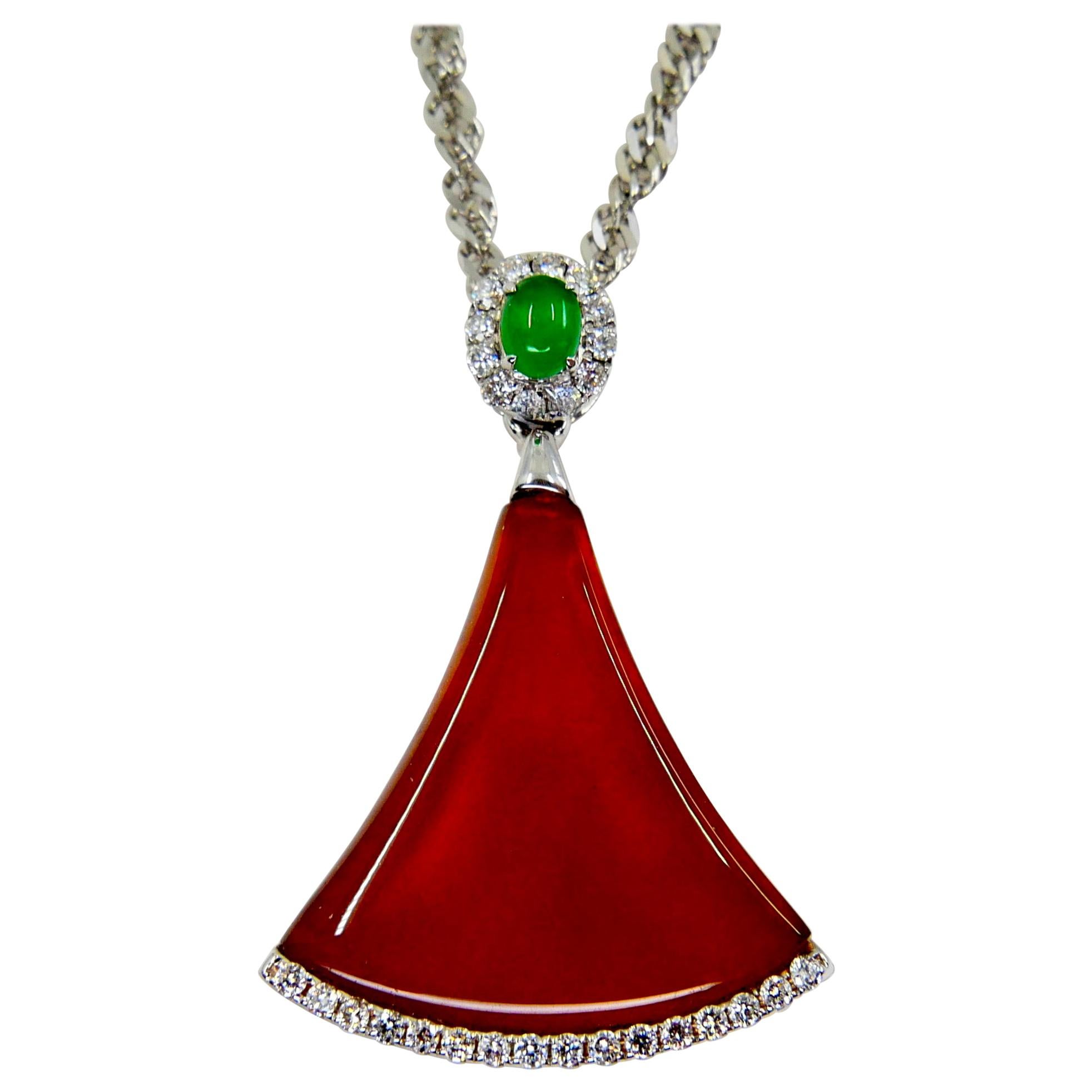 Certified Natural Icy Apple Green, Icy Red Jade & Diamond Pendant Drop Necklace