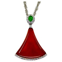 Certified Natural Icy Apple Green, Icy Red Jade & Diamond Pendant Drop Necklace