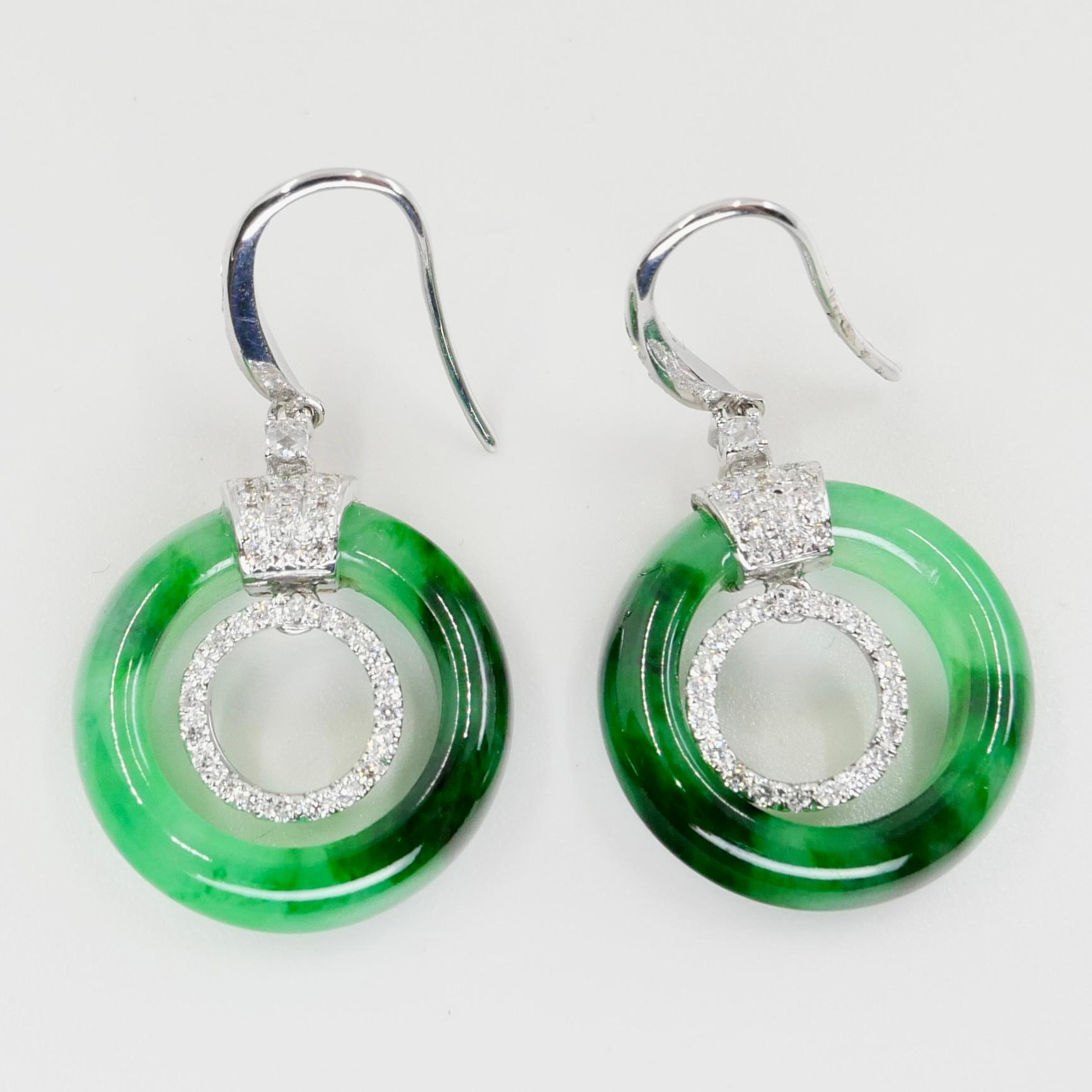 Certified Natural Icy Apple Green Jade & Diamond Drop Earrings, Super Glow For Sale 2