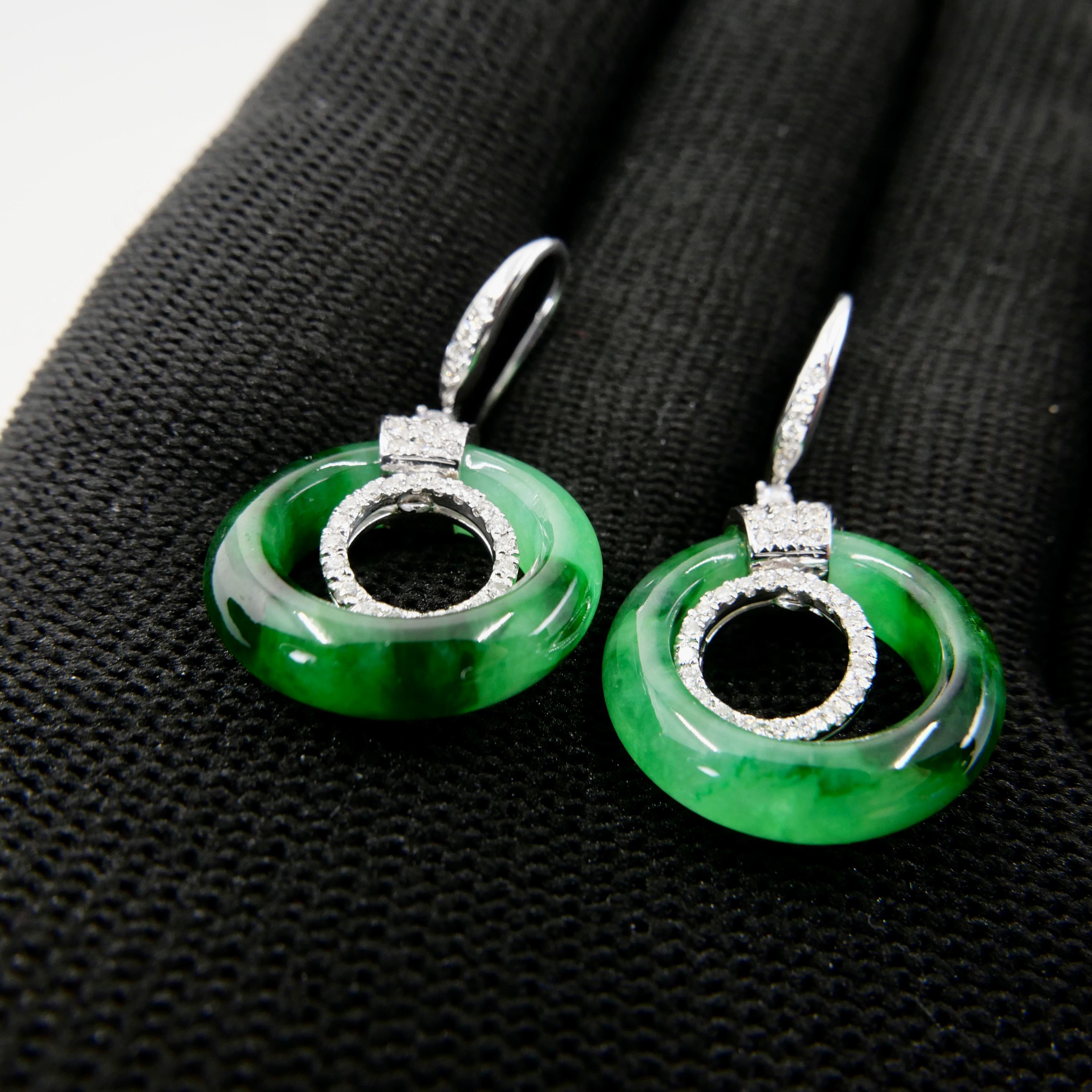 Certified Natural Icy Apple Green Jade & Diamond Drop Earrings, Super Glow For Sale 3