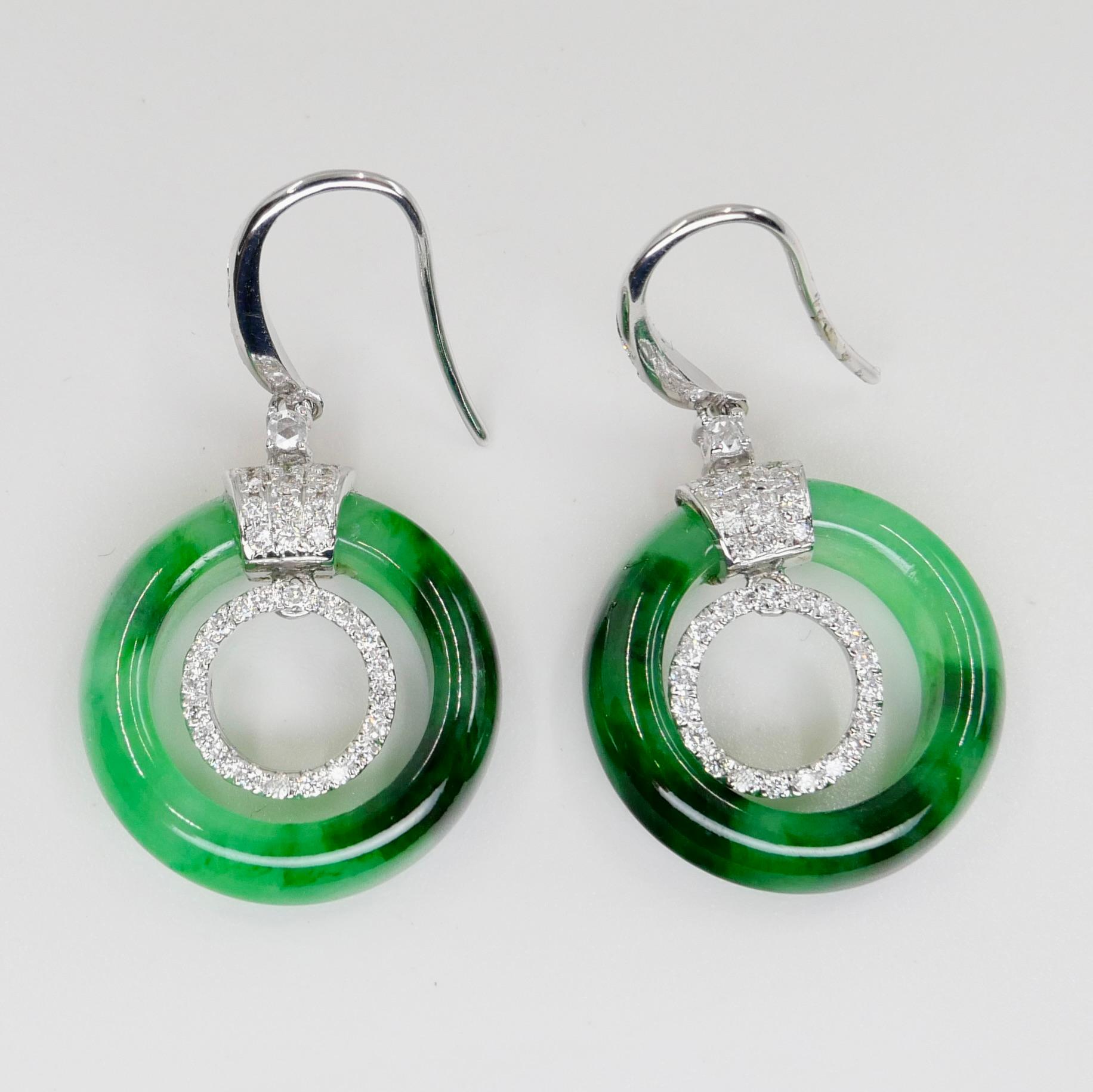 Certified Natural Icy Apple Green Jade & Diamond Drop Earrings, Super Glow For Sale 4