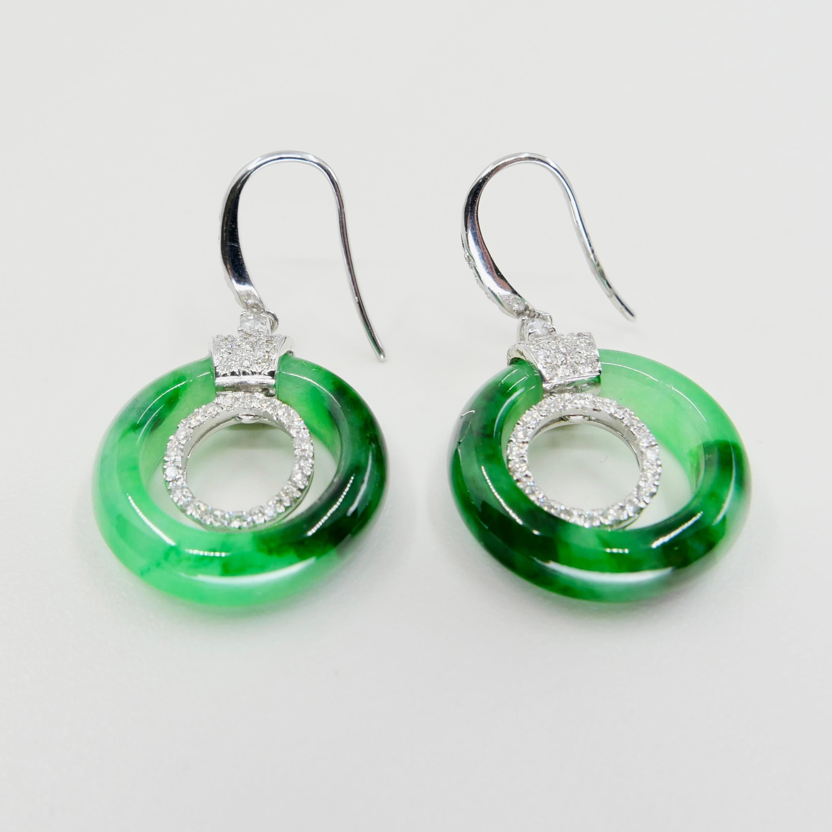 Certified Natural Icy Apple Green Jade & Diamond Drop Earrings, Super Glow For Sale 6