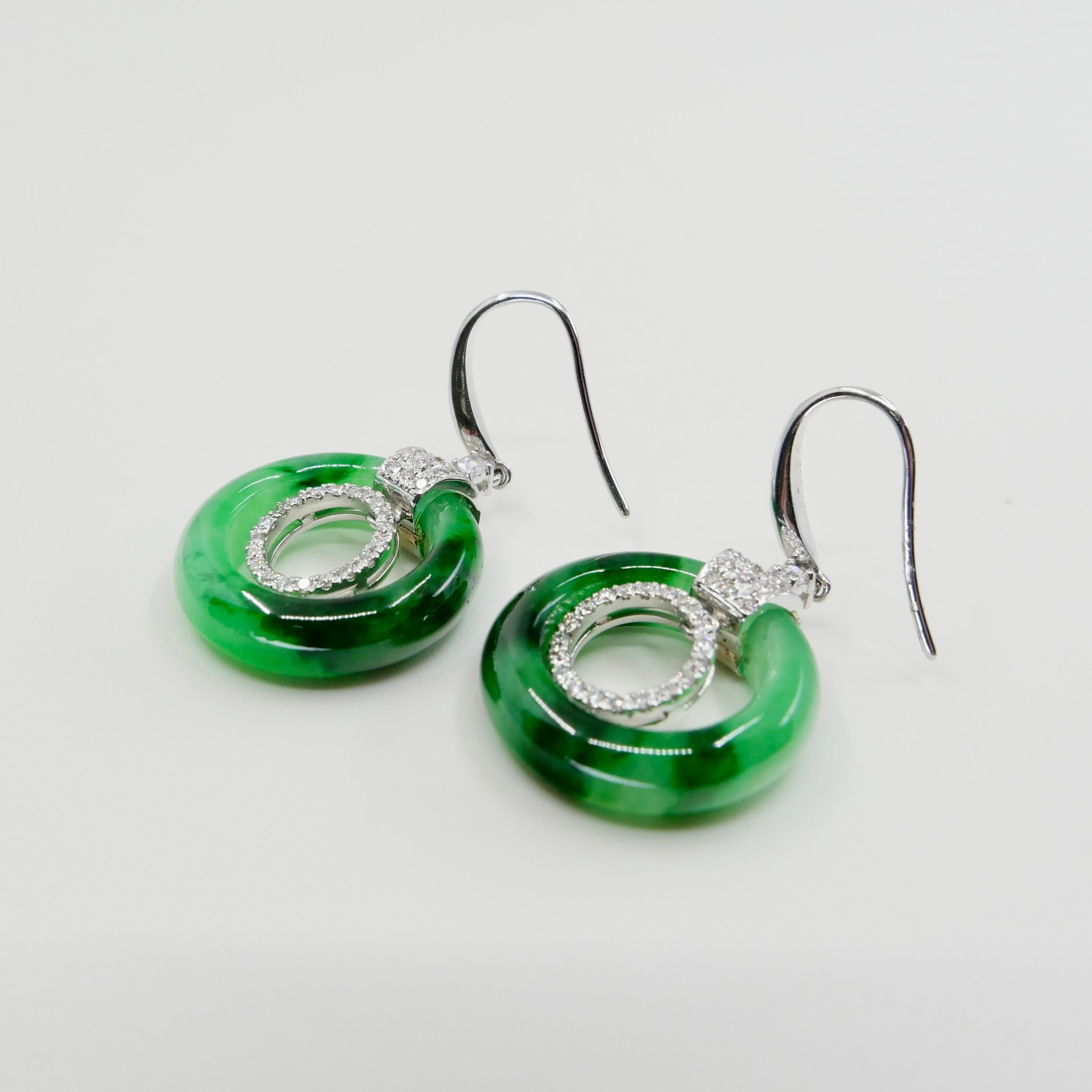 Certified Natural Icy Apple Green Jade & Diamond Drop Earrings, Super Glow For Sale 7