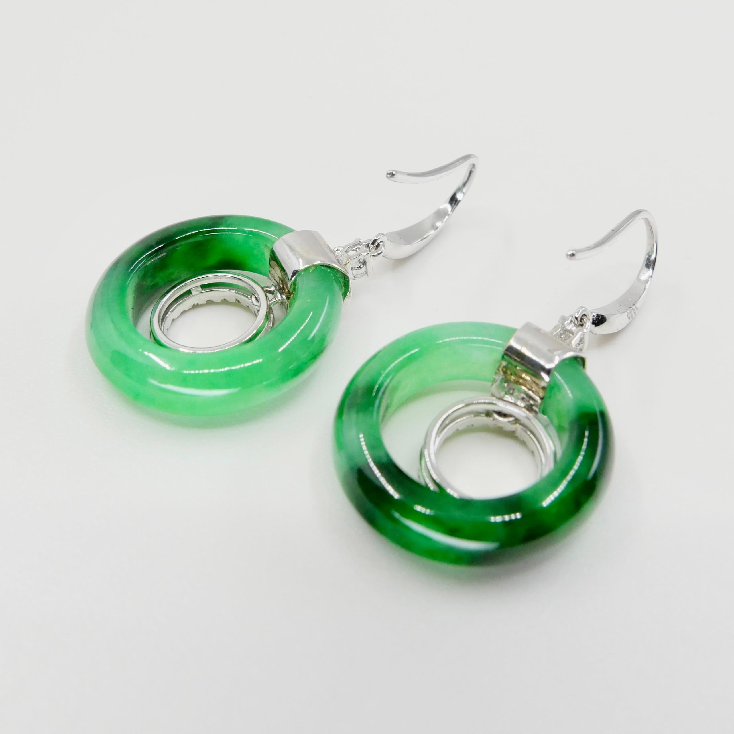 Certified Natural Icy Apple Green Jade & Diamond Drop Earrings, Super Glow For Sale 8