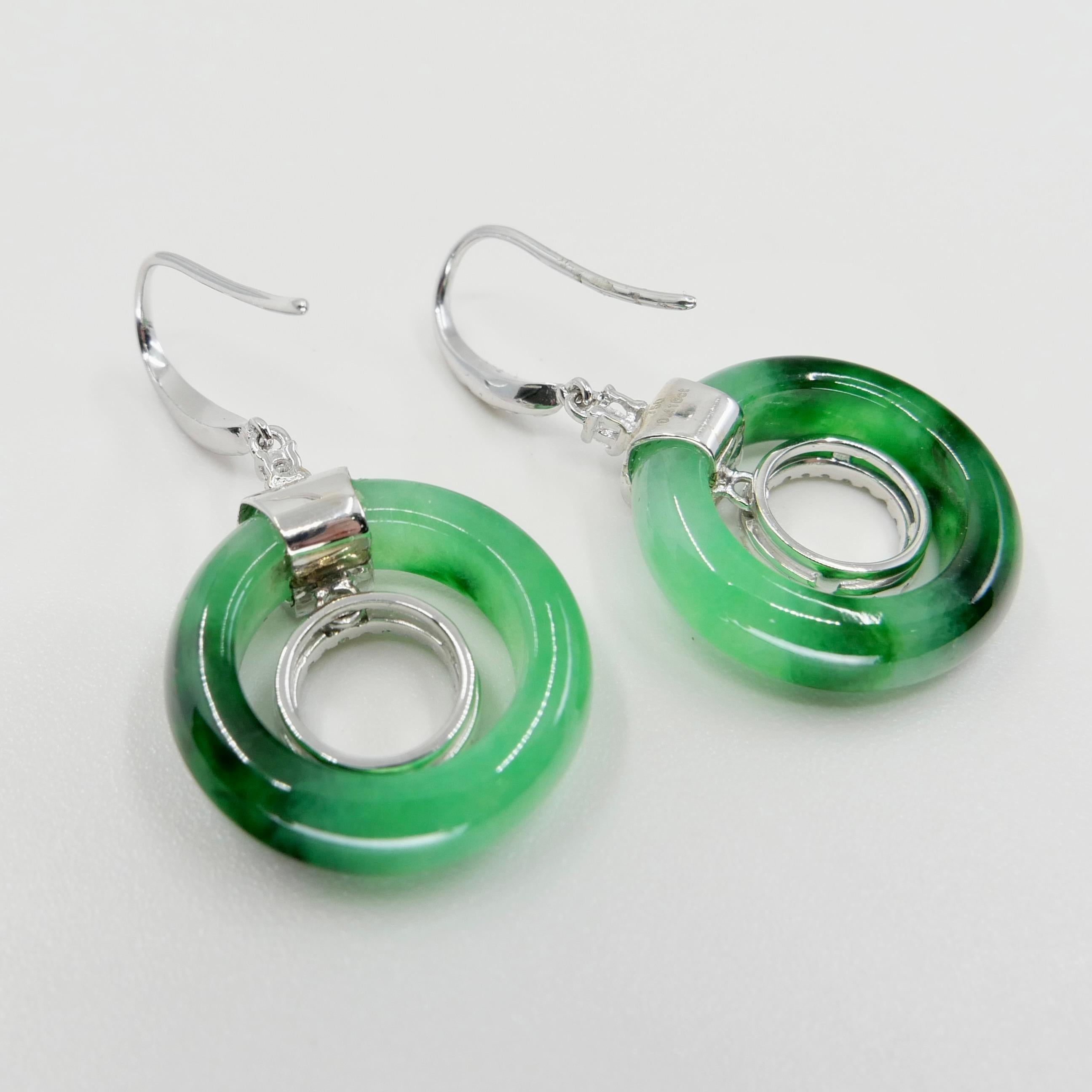 Certified Natural Icy Apple Green Jade & Diamond Drop Earrings, Super Glow For Sale 10