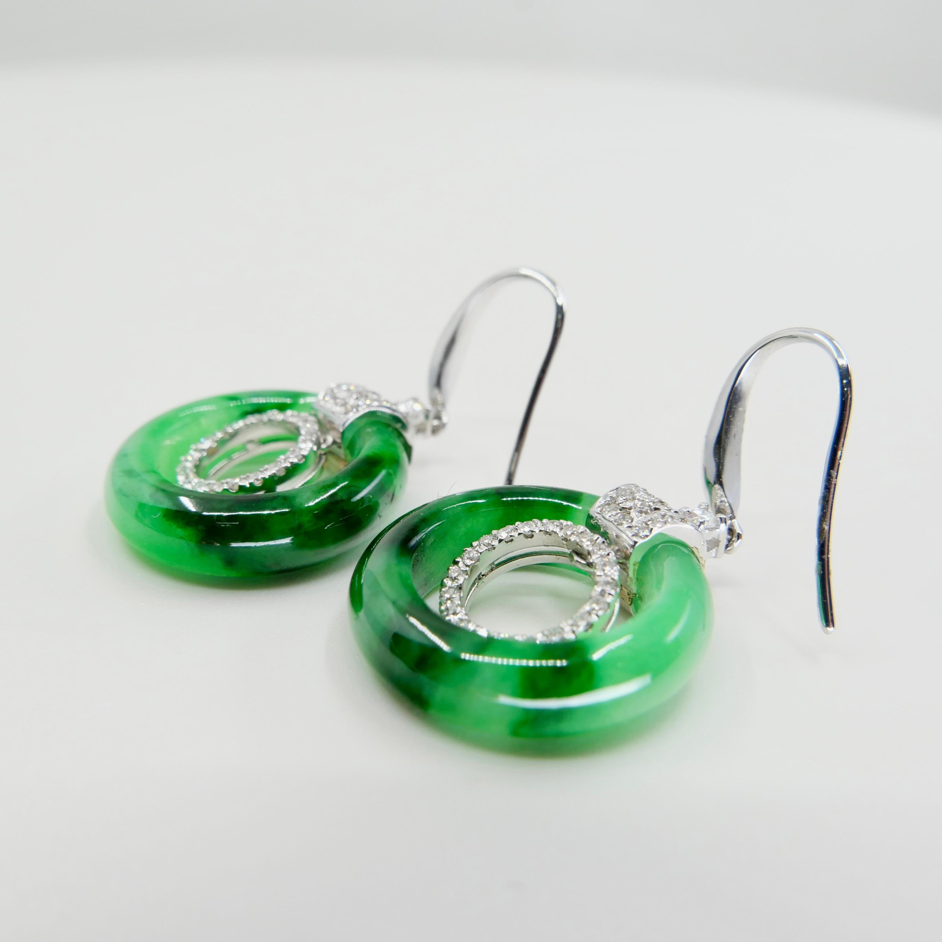 Certified Natural Icy Apple Green Jade & Diamond Drop Earrings, Super Glow For Sale 11