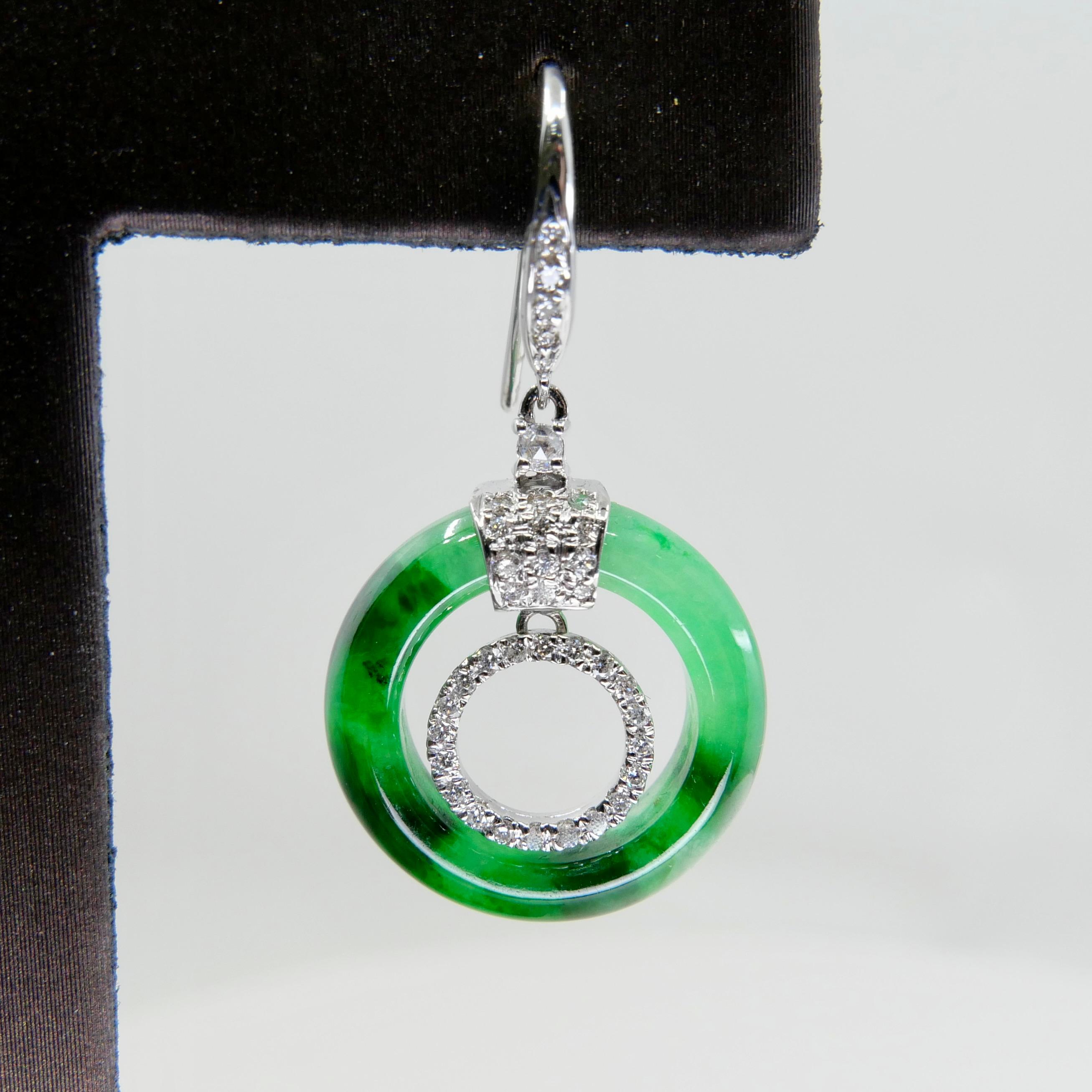 Women's Certified Natural Icy Apple Green Jade & Diamond Drop Earrings, Super Glow For Sale