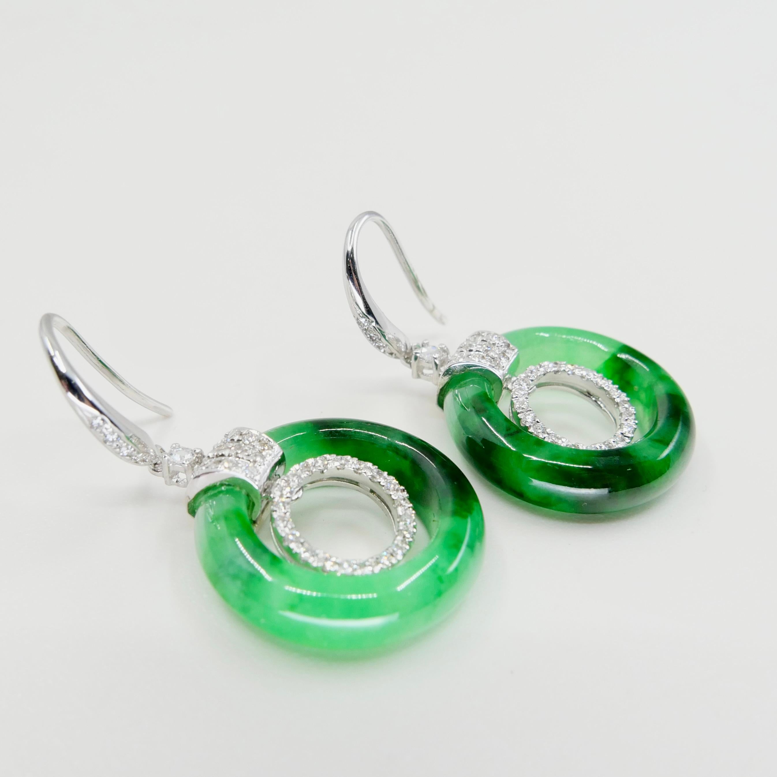 Certified Natural Icy Apple Green Jade & Diamond Drop Earrings, Super Glow For Sale 1