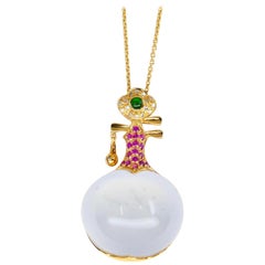Certified Natural Icy & Imperial Jadeite Jade and Diamond Pendant, Musical Lute