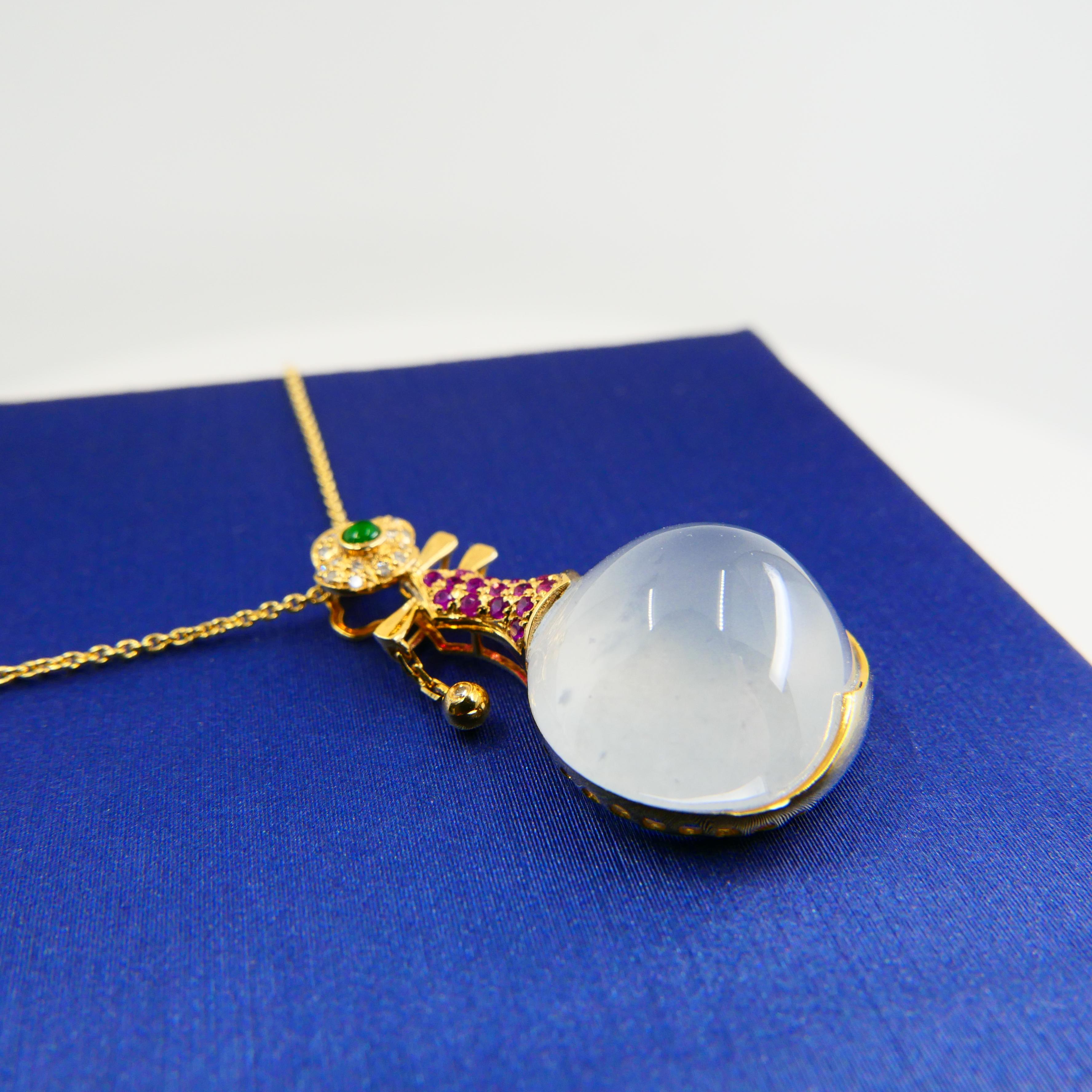 Contemporary Certified Natural Icy Jade 16mm x 13.8mm & Diamond Pendant. Musical Lute! For Sale