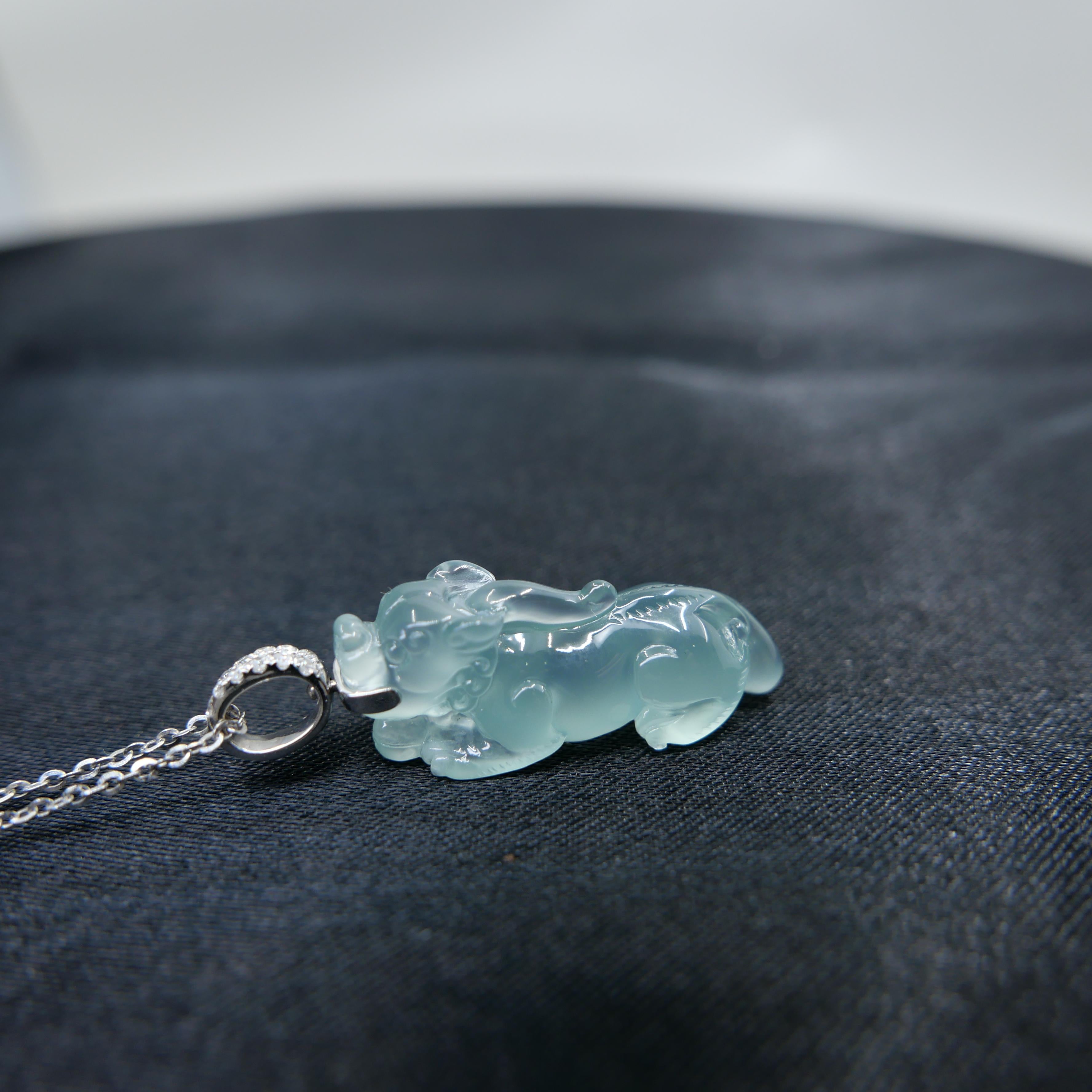Certified Natural Icy Jade, Lucky Pi Xiu Pendant Necklace. Super Transparent! For Sale 6