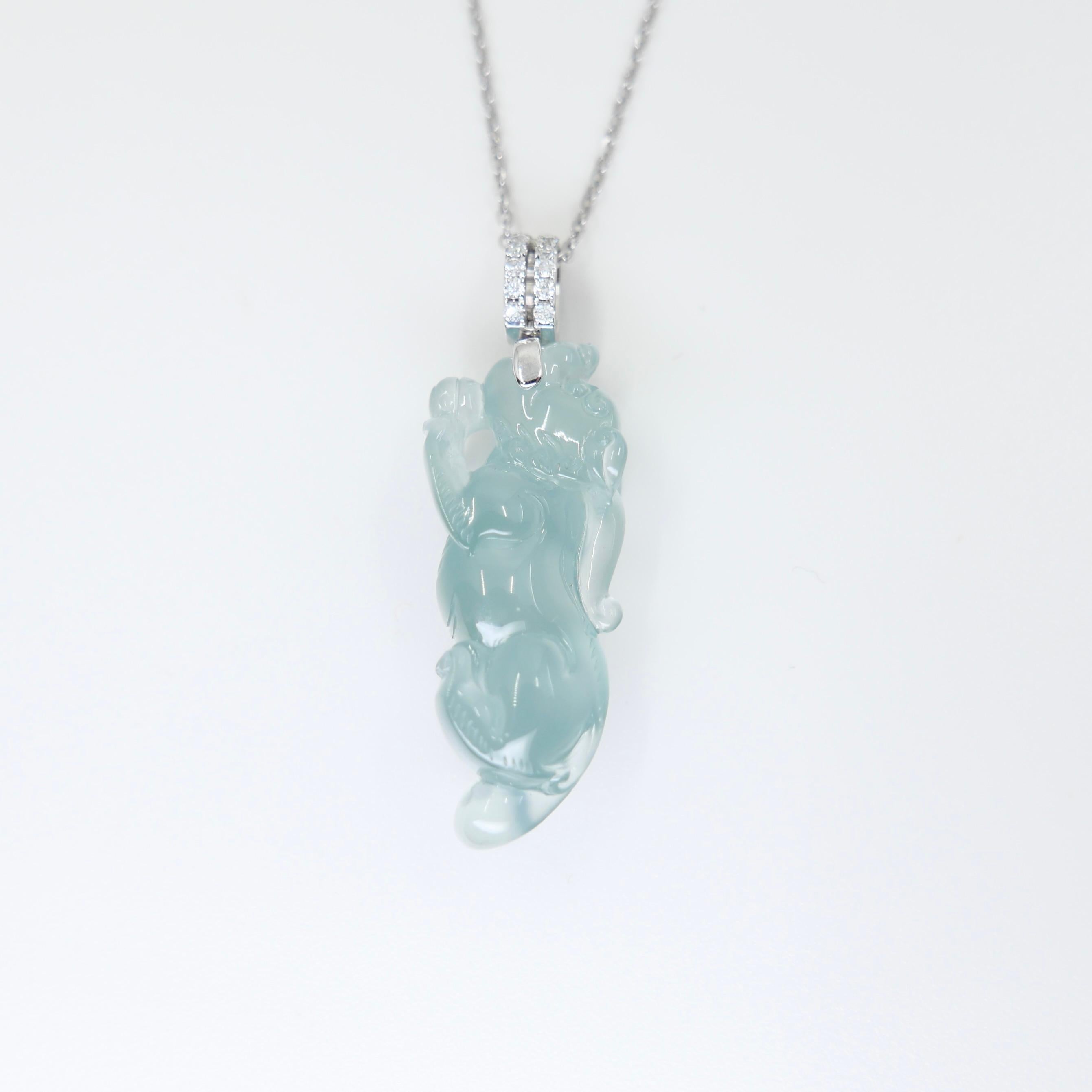 Certified Natural Icy Jade, Lucky Pi Xiu Pendant Necklace. Super Transparent! For Sale 7