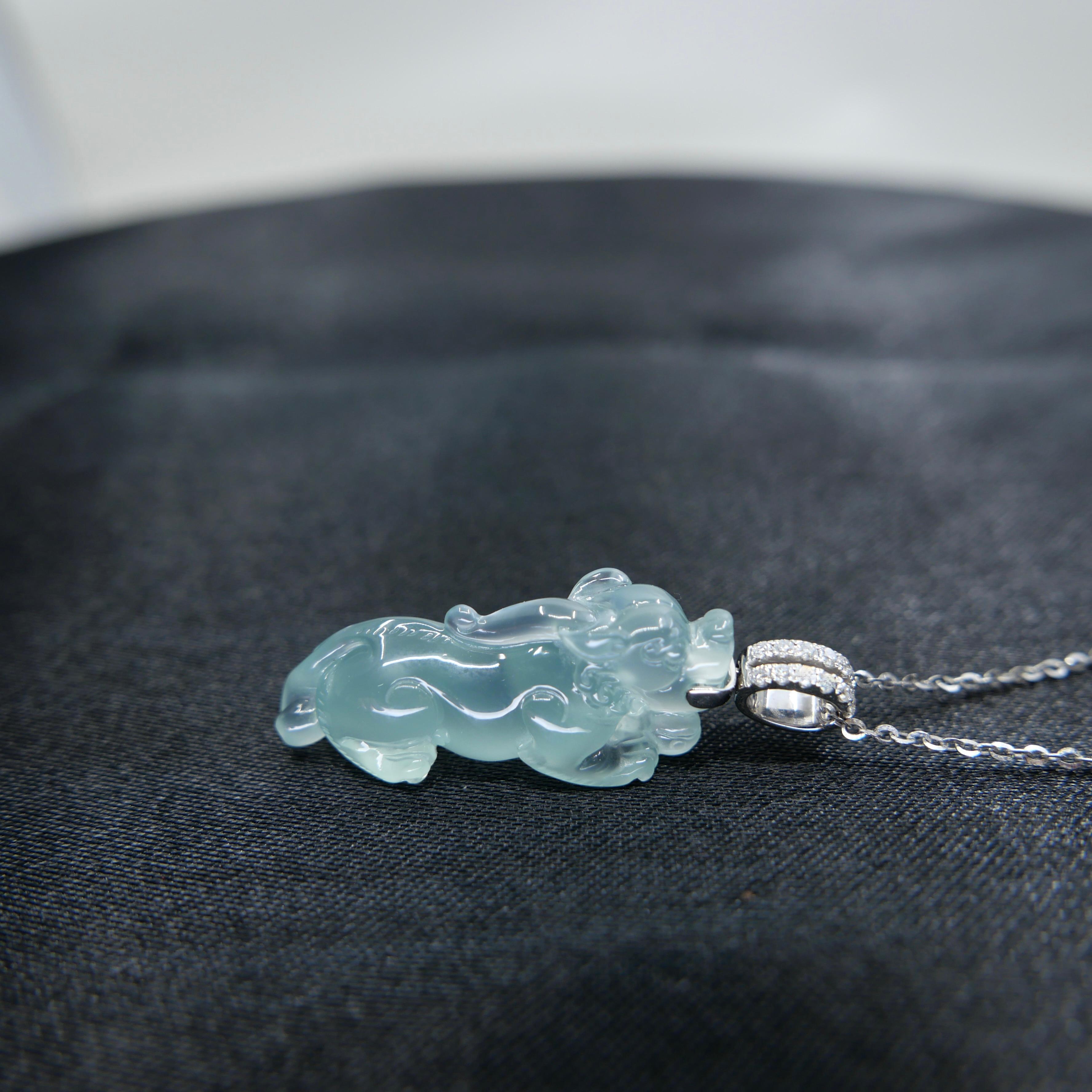 Certified Natural Icy Jade, Lucky Pi Xiu Pendant Necklace. Super Transparent! For Sale 8