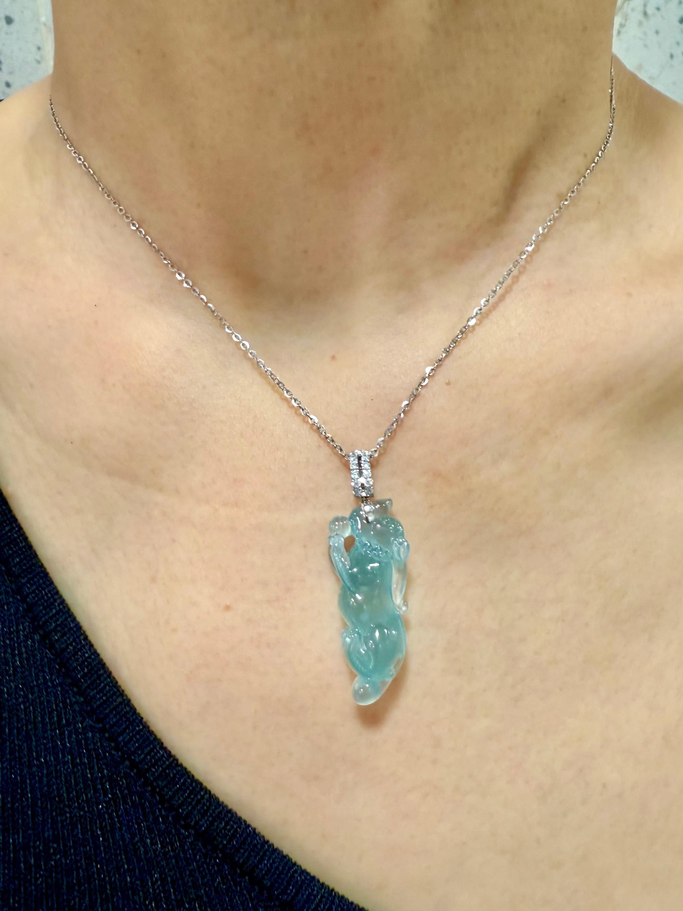 Certified Natural Icy Jade, Lucky Pi Xiu Pendant Necklace. Super Transparent! For Sale 10