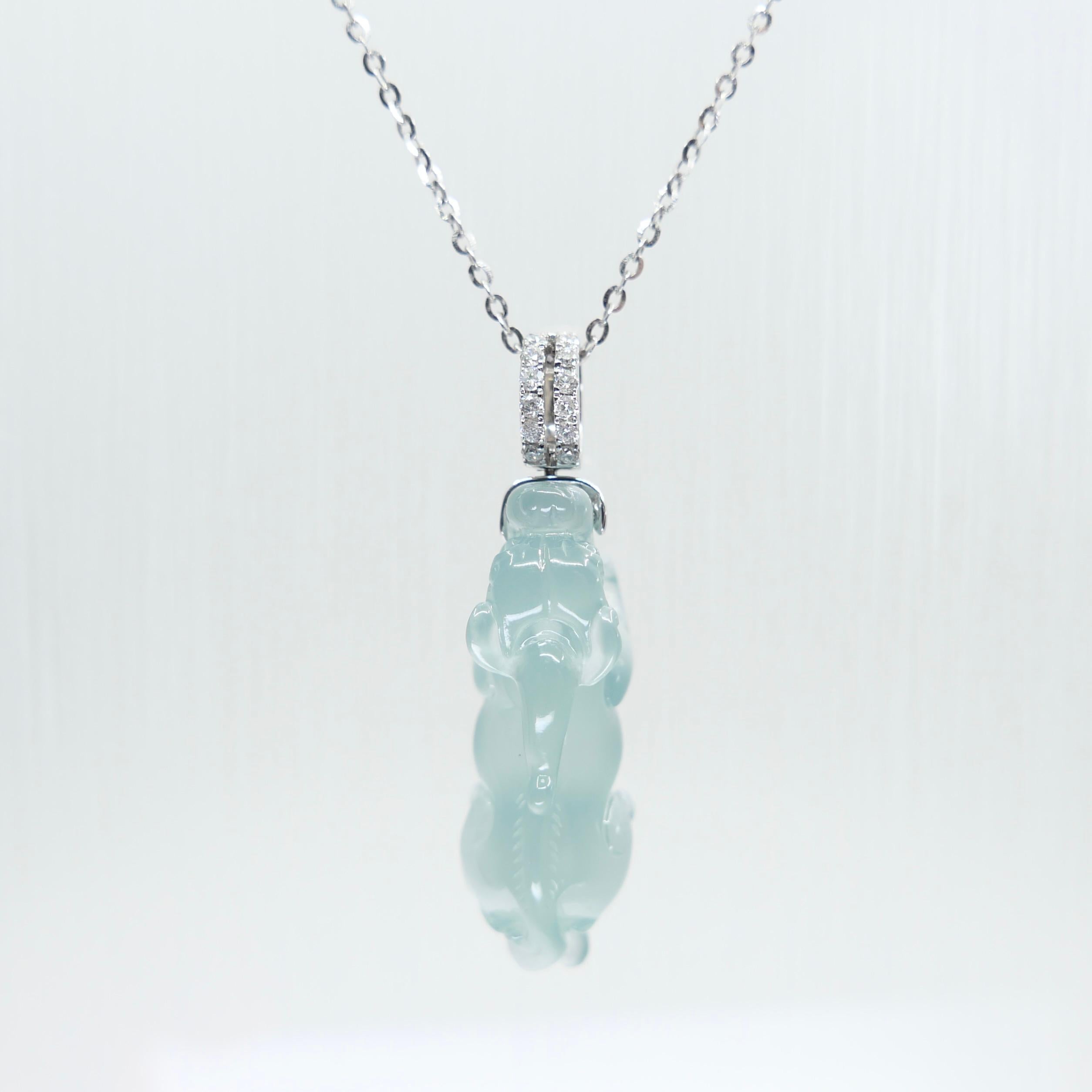 Certified Natural Icy Jade, Lucky Pi Xiu Pendant Necklace. Super Transparent! For Sale 11