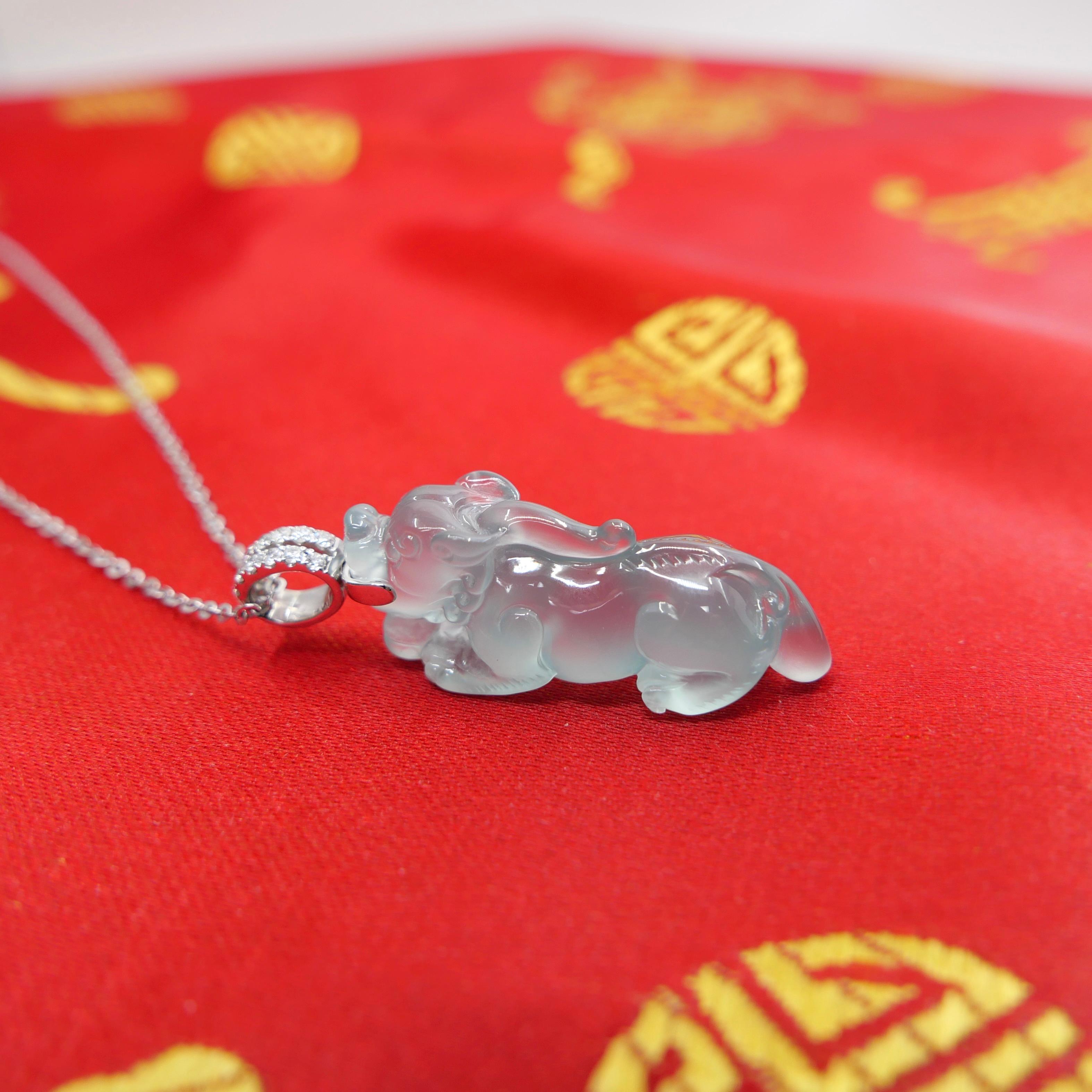 Certified Natural Icy Jade, Lucky Pi Xiu Pendant Necklace. Super Transparent! For Sale 12