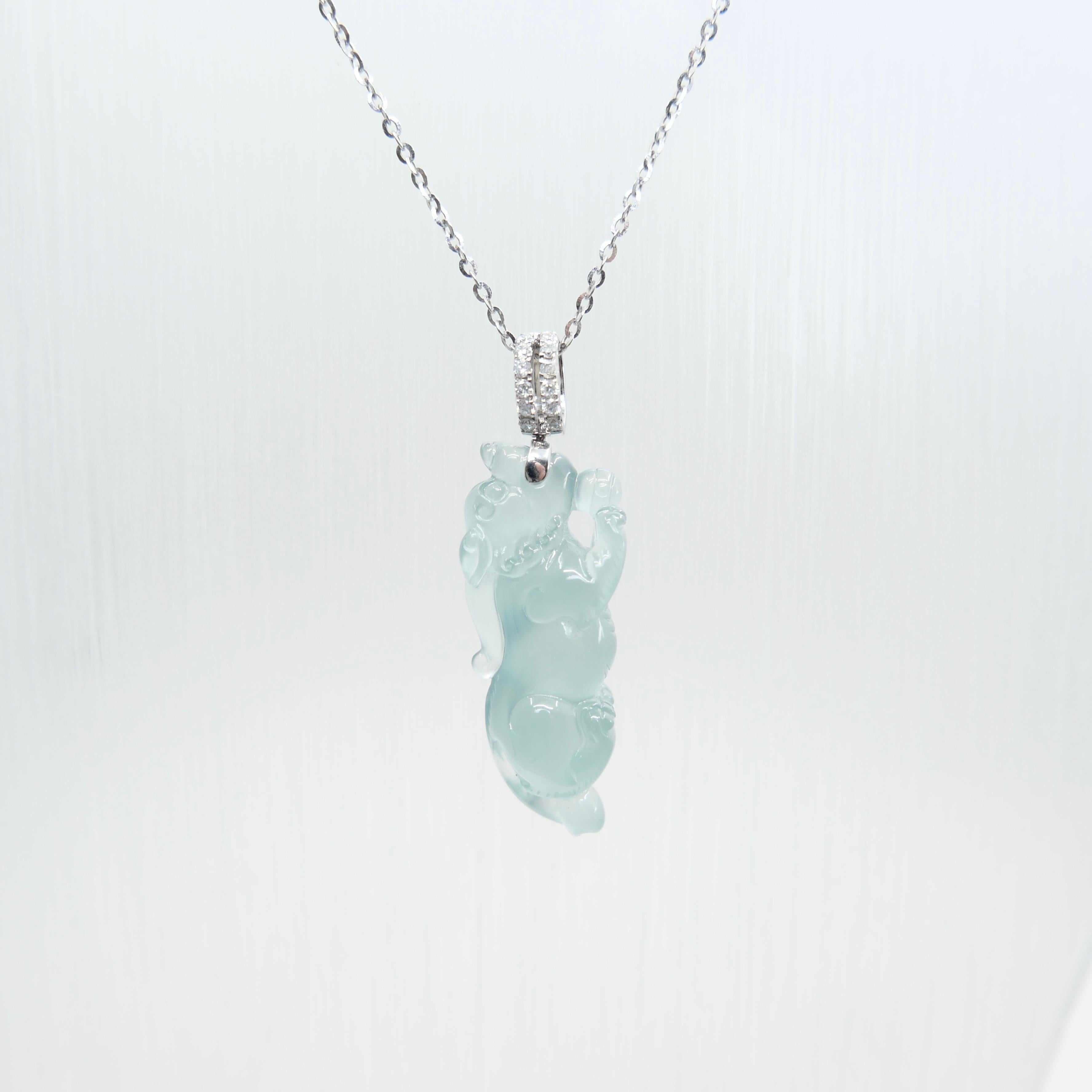 Certified Natural Icy Jade, Lucky Pi Xiu Pendant Necklace. Super Transparent! For Sale 13