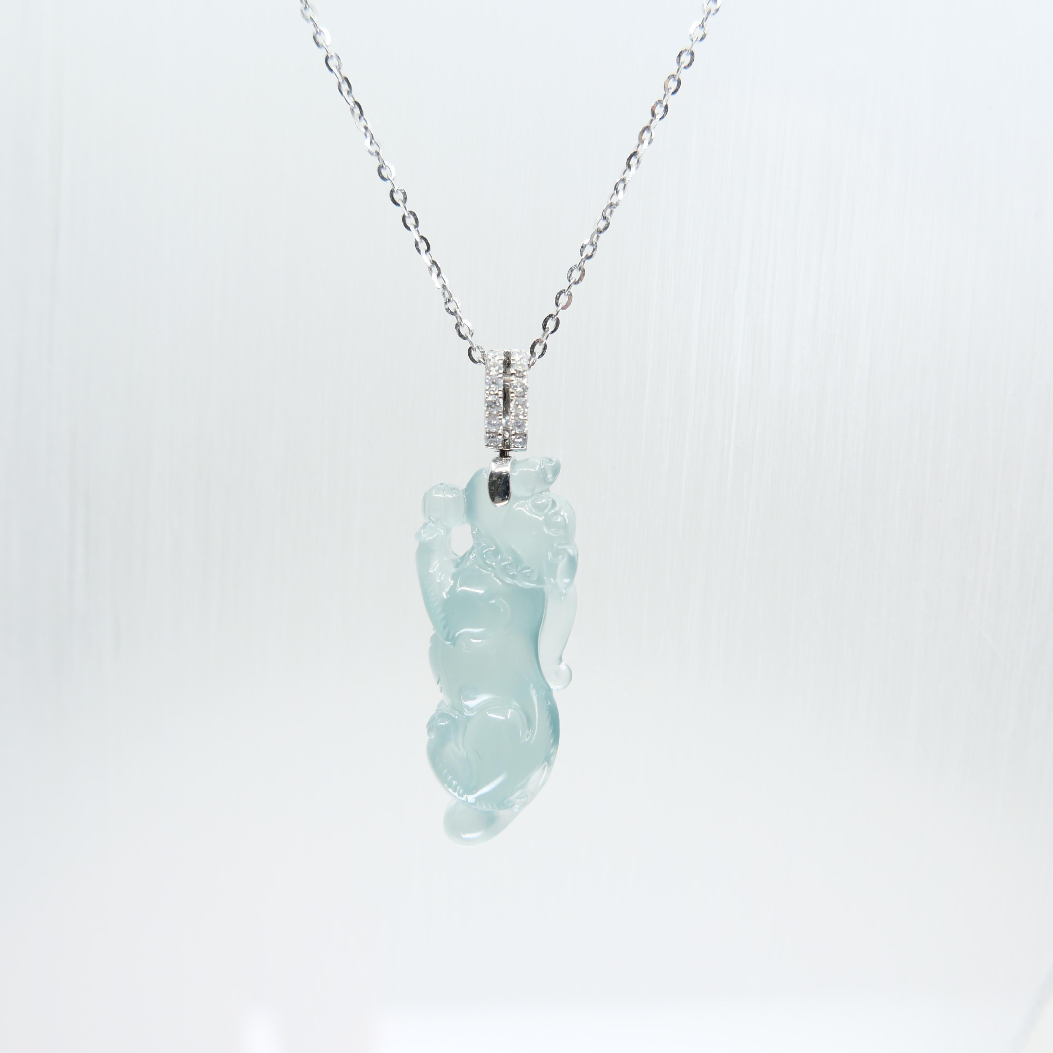 Certified Natural Icy Jade, Lucky Pi Xiu Pendant Necklace. Super Transparent! For Sale 14