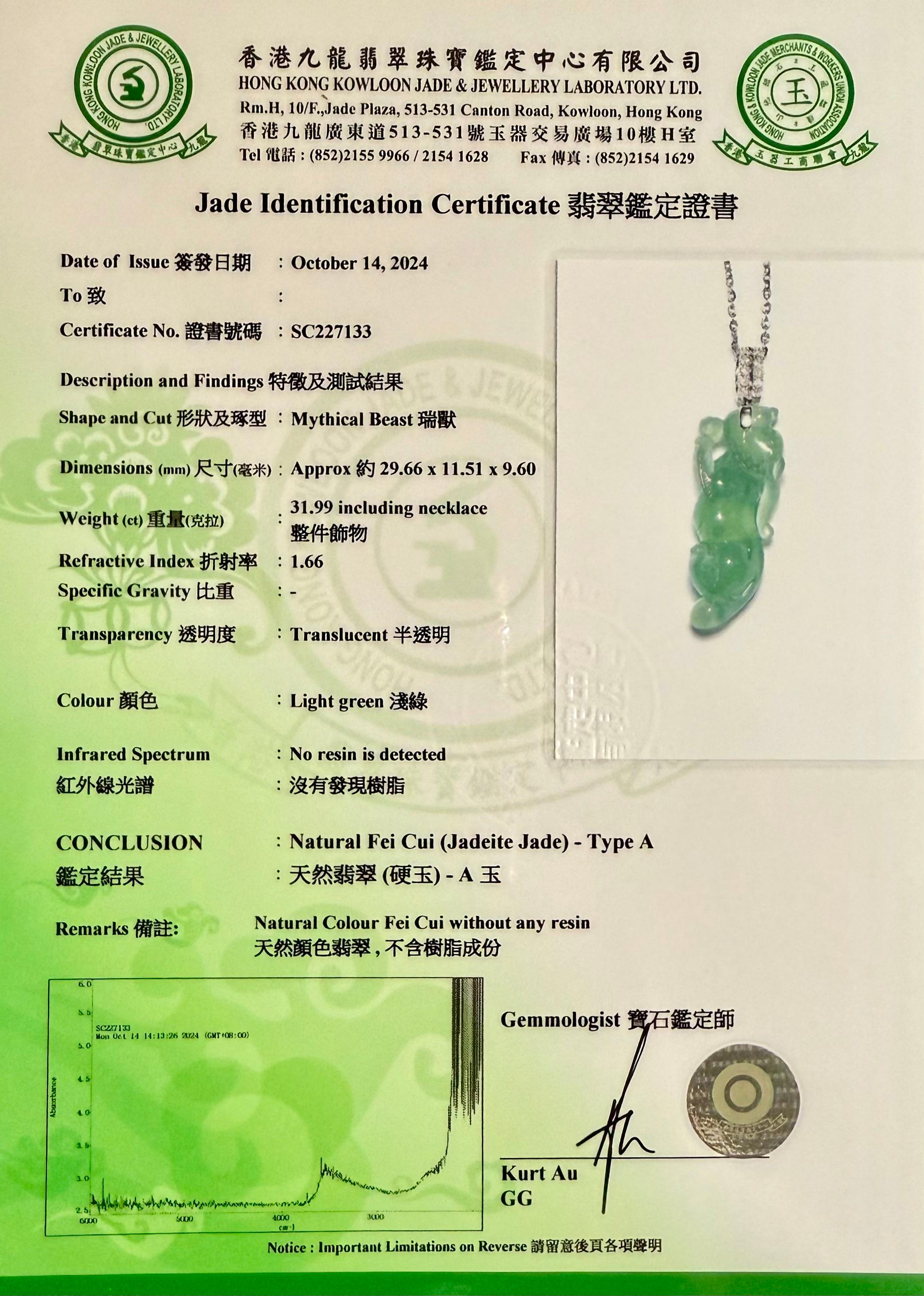Certified Natural Icy Jade, Lucky Pi Xiu Pendant Necklace. Super Transparent! For Sale 15